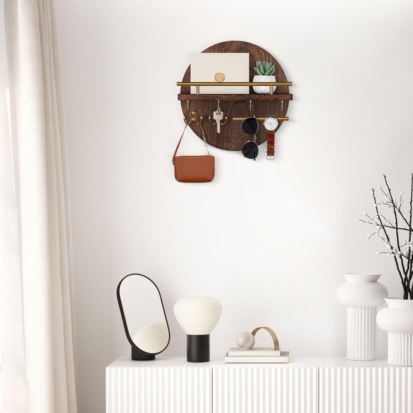 Nekon Key Holder Wall Mount, 11.8 Inch Rack With Shelf and 6 Hooks, Rustic Mail Organizer, Circular Wooden Hanger for Entryway Hallway Kitchen (Brown&Gold)