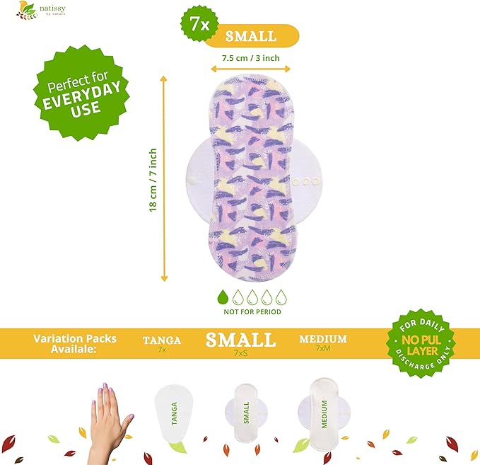 Non-Slip Organic Reusable Panty Liners for Women & Teens (Small, 7-Pack); High-Temp Washable Cotton Cloth Liners; Stay Fresh & Dry, for Daily Vaginal Discharge Only; 100% Breathable (no PUL/TPU)