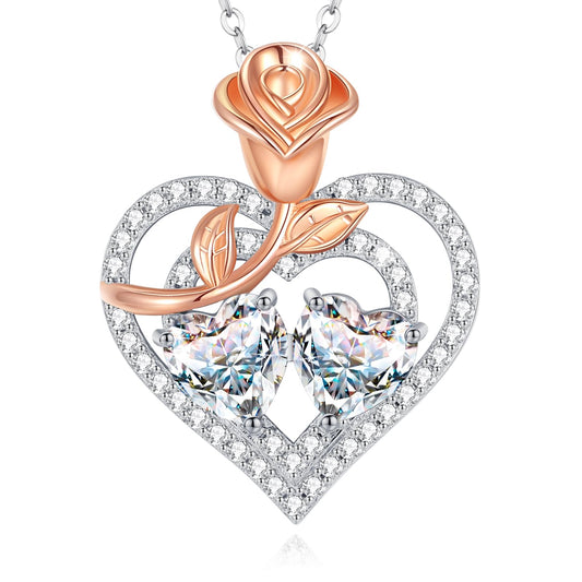AGVANA April Birthstone Jewelry Simulated Diamond CZ Necklace Sterling Silver Rose Flower Heart Double Birthstone Pendant Necklace Anniversary Birthday Gifts for Women Mom Wife Lady Her