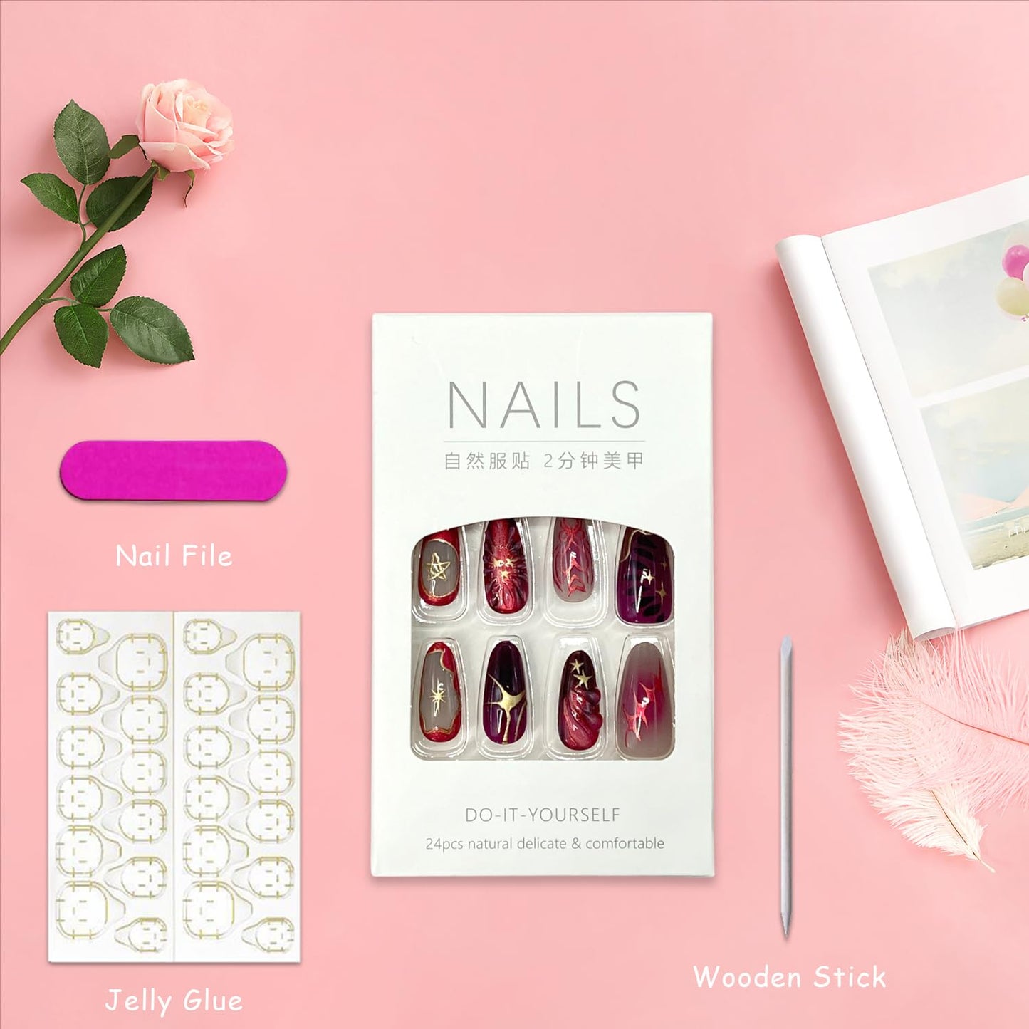 3D Handmade Press on Nails Gold Star Bow False Nails with Design Medium Almond Red Natural Glue on Nail Glossy Acrylic Stick on Nail for Women