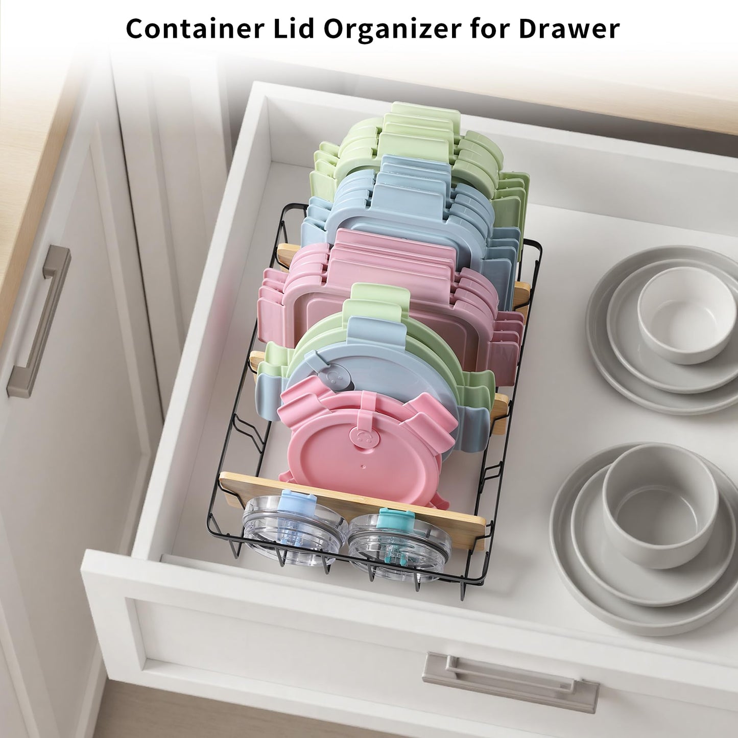 CACHOLIV 2-Pack Adjustable Lid Organizers - Large Kitchen Cabinet Organizer for Food Storage Container and Tumbler Cup Lids with 6 Bamboo Dividers -Organizers in Kitchen/Pantry/Laundry Room(Size:M+L)