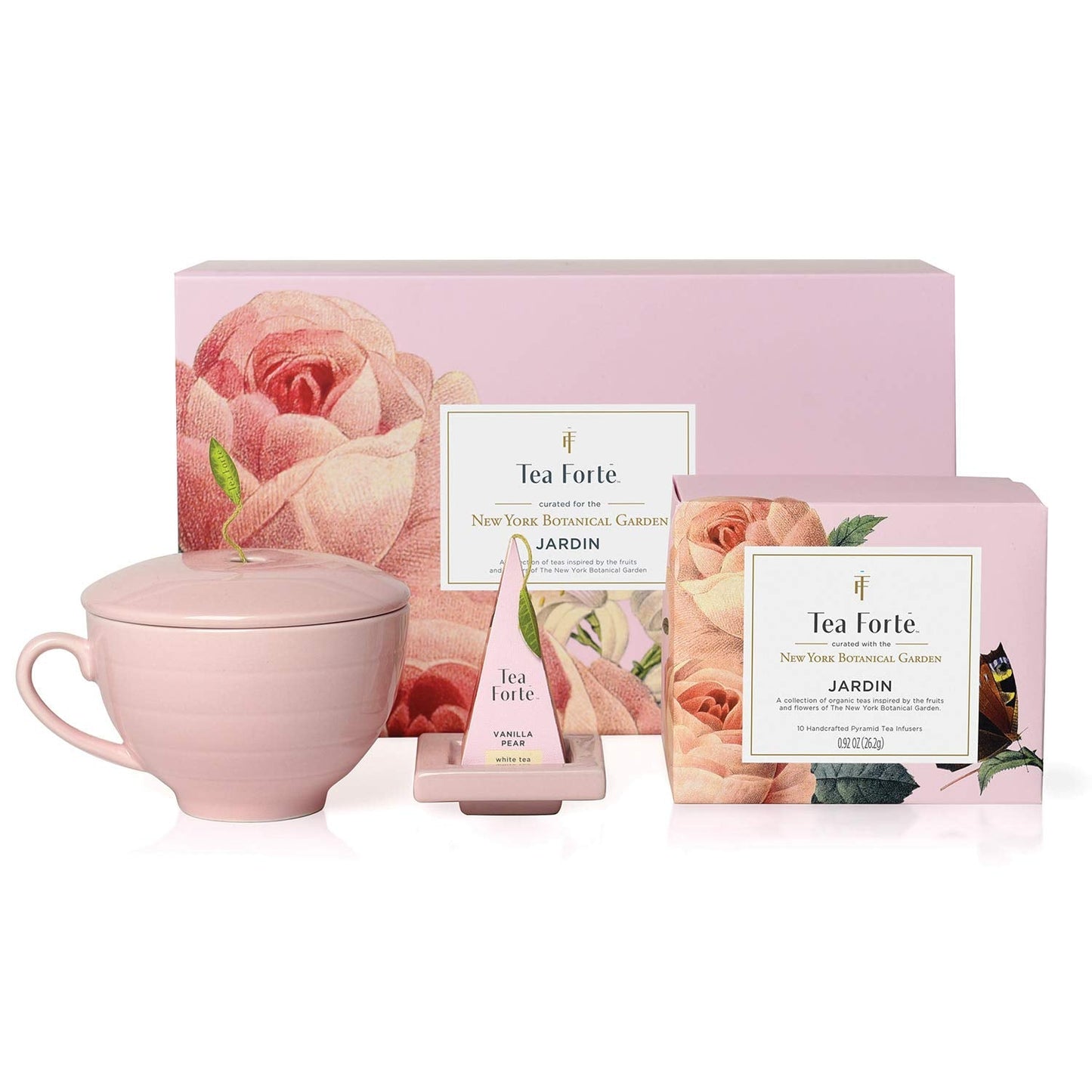 Tea Forte Gift Set with Cafe Cup, Tea Tray, Mini Presentation Box with 10 Handcrafted Pyramid Infuser Tea Bags, Gifts for Mom, Jardin Tea