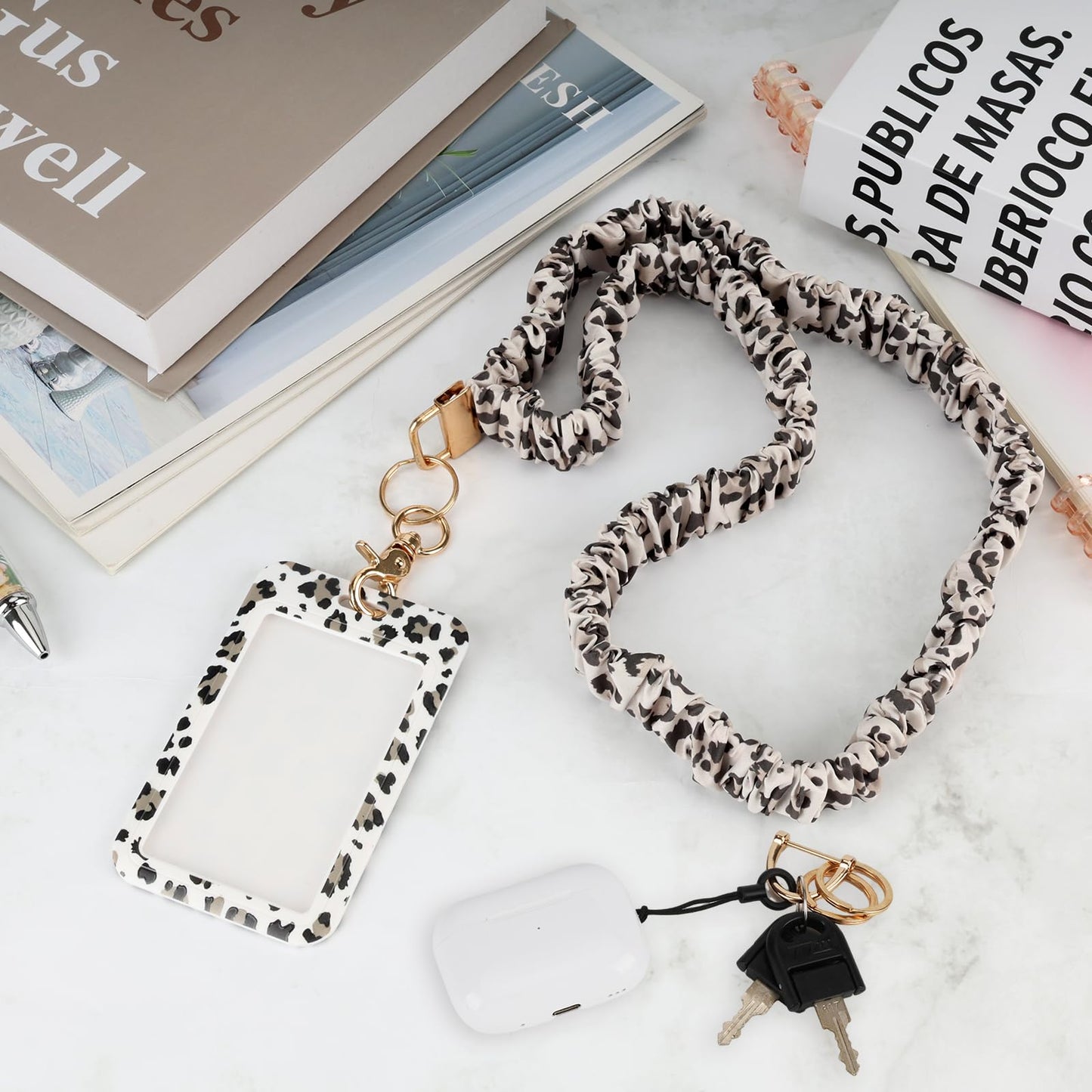 Scrunchie Lanyard Breakaway with ID Badge Holder - Leopard Style Stretchy Lanyards with ID Badges and Key Rings Set, Ideal for Mother's Day, Birthday, Workers Teachers Nurse Gifts