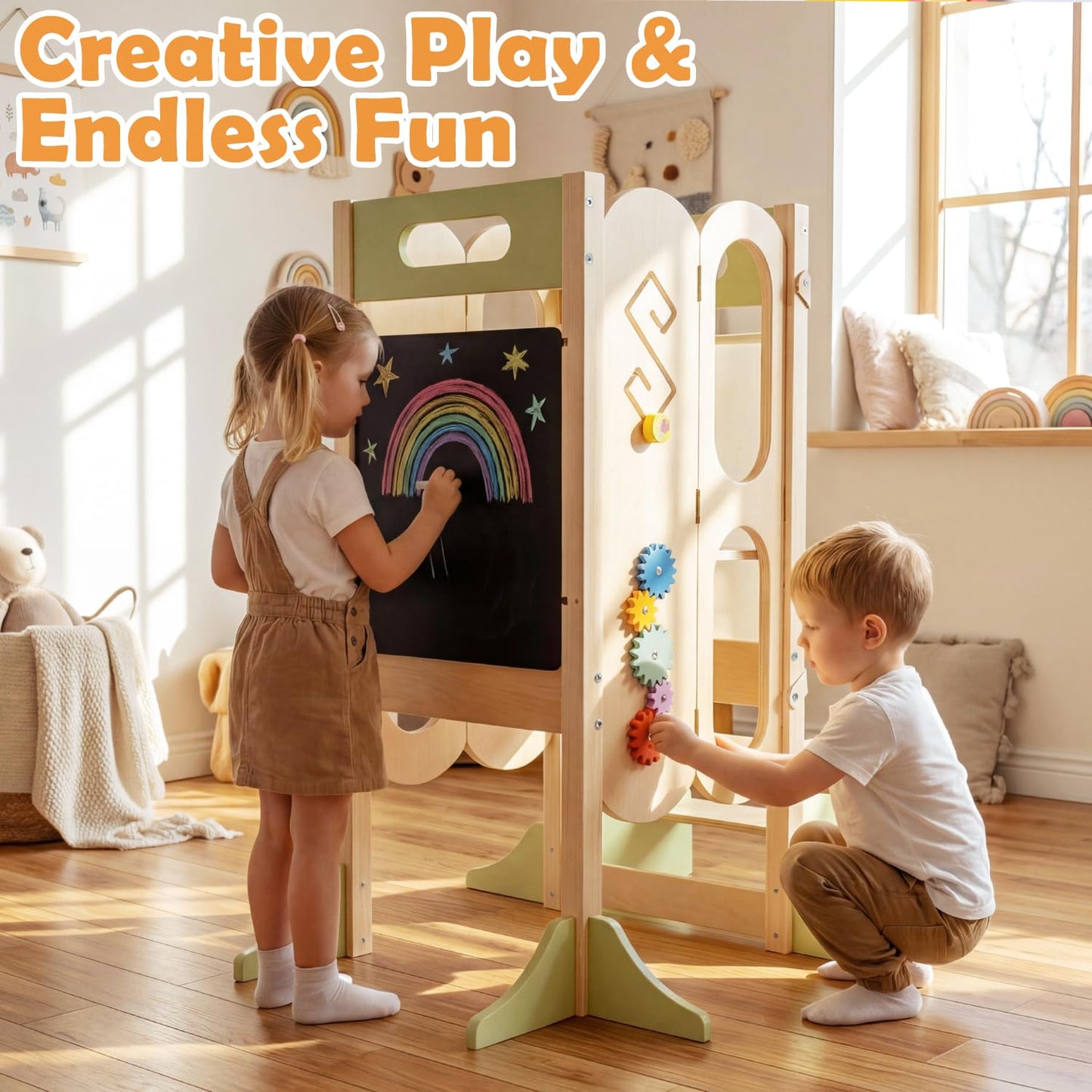 XYMERO 6 in 1 Toddler Tower with Removable Ladder, Foldable Wooden Kitchen Step Stool for Kids, Adjustable Children Helper Tower for Baby, Standing Tower with Safety Equipment and Black Board