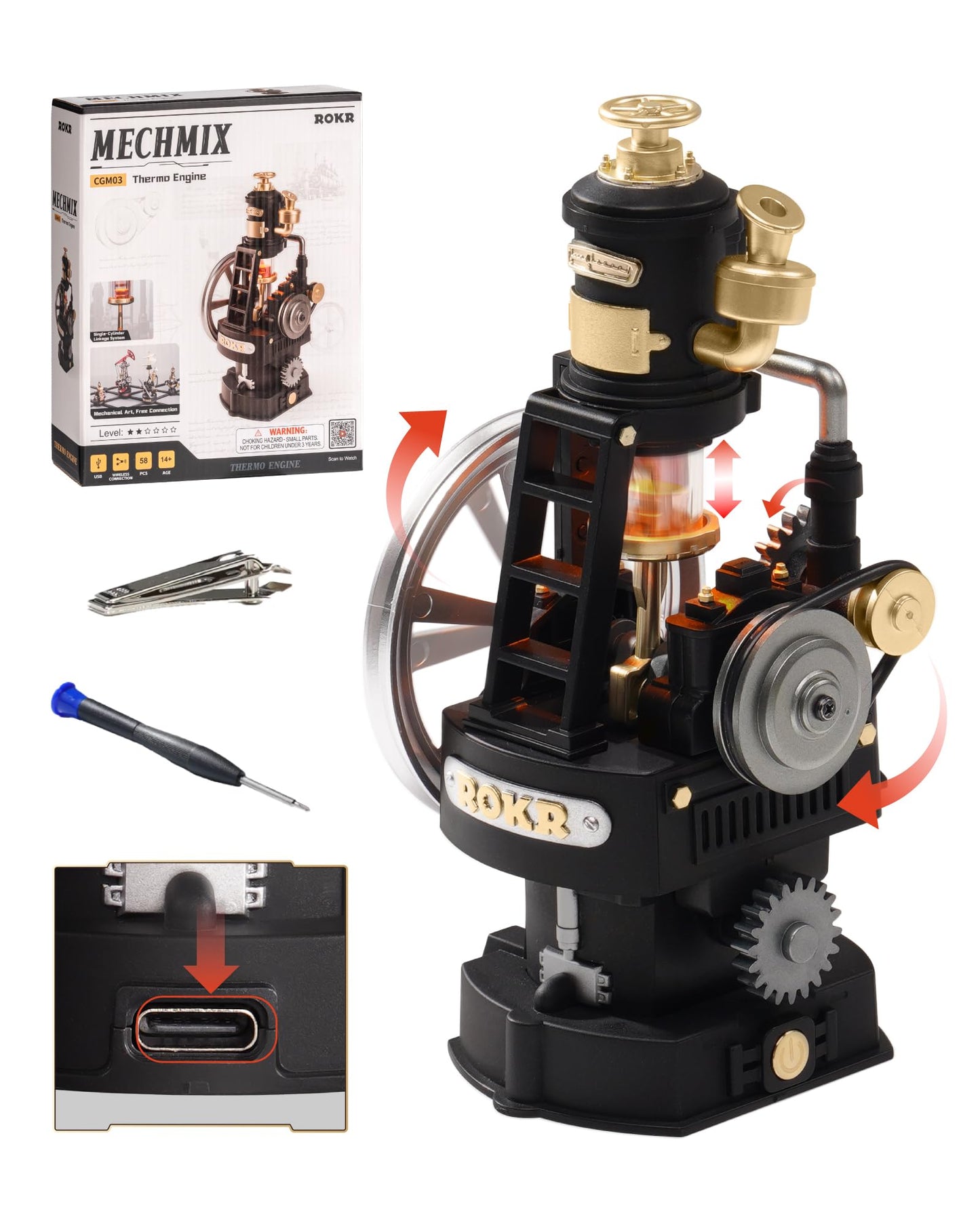ROKR Thermo Engine Mechanical 3D Puzzle, Lighted DIY Building Set for Adults, Building Kits, Desk Decor & Birthday Gifts, Connectable to Mechmix Series