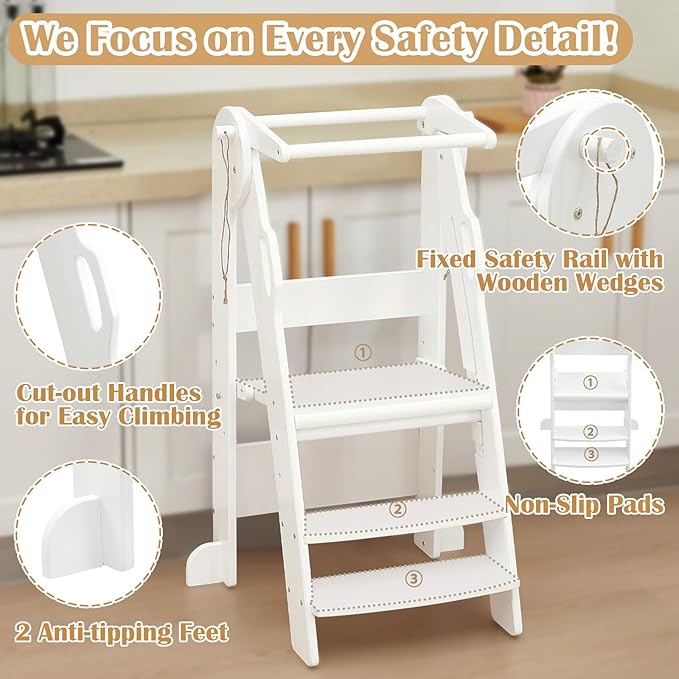 FUNLIO Foldable Kitchen Step Stool for Kids 2-6 Years, Montessori Step Stool, 3-Level Height Adjustable Standing Tower, Easy to Assemble, CPC & CE, White