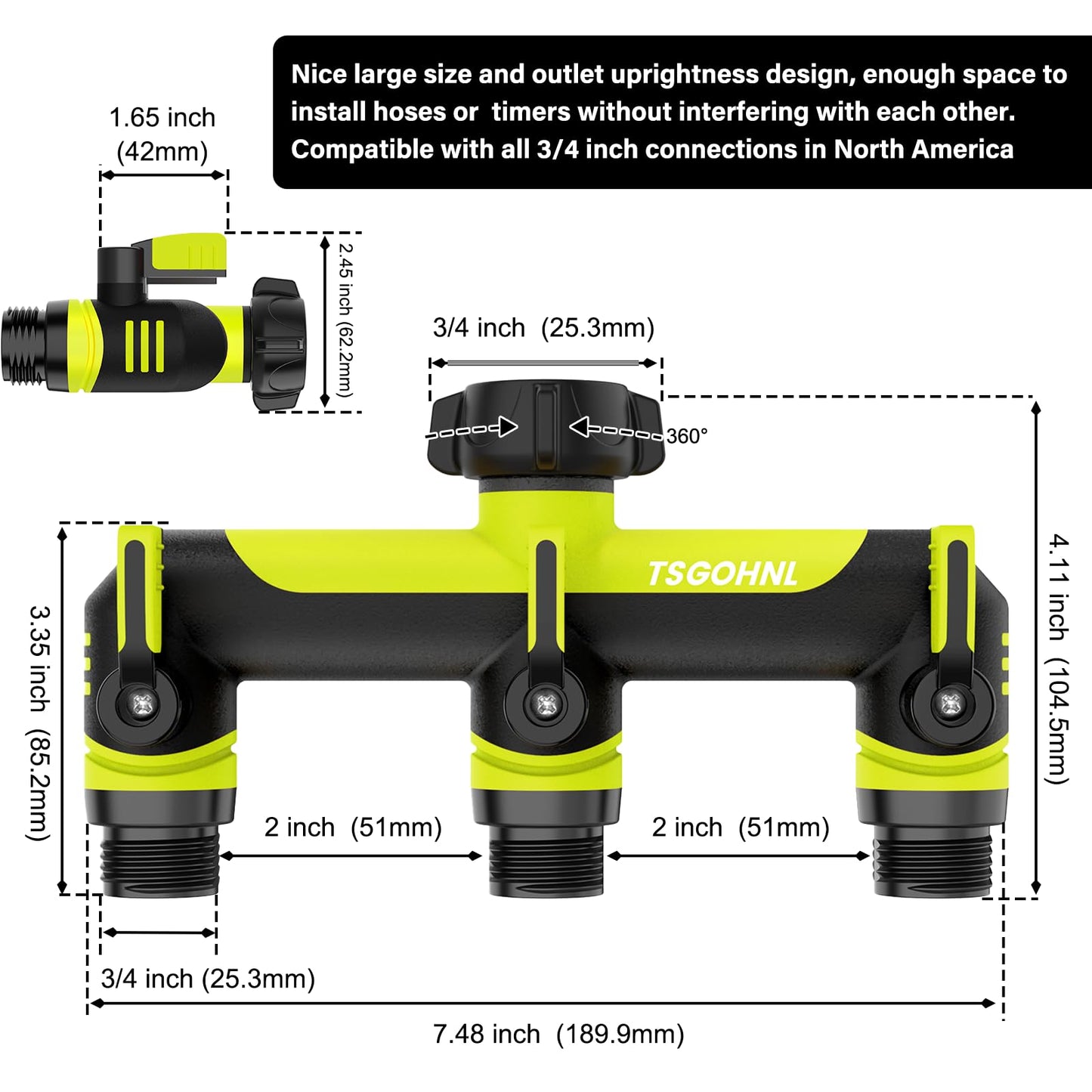 3 Way Garden Hose Splitter, 3/4 Inch Outdoor Faucet Splitter, Hose Manifold with Independent Shut Off Valves, Wide Spacing for Hose Timers, Sprinklers, Lawn, Yard and Garden Watering - Green