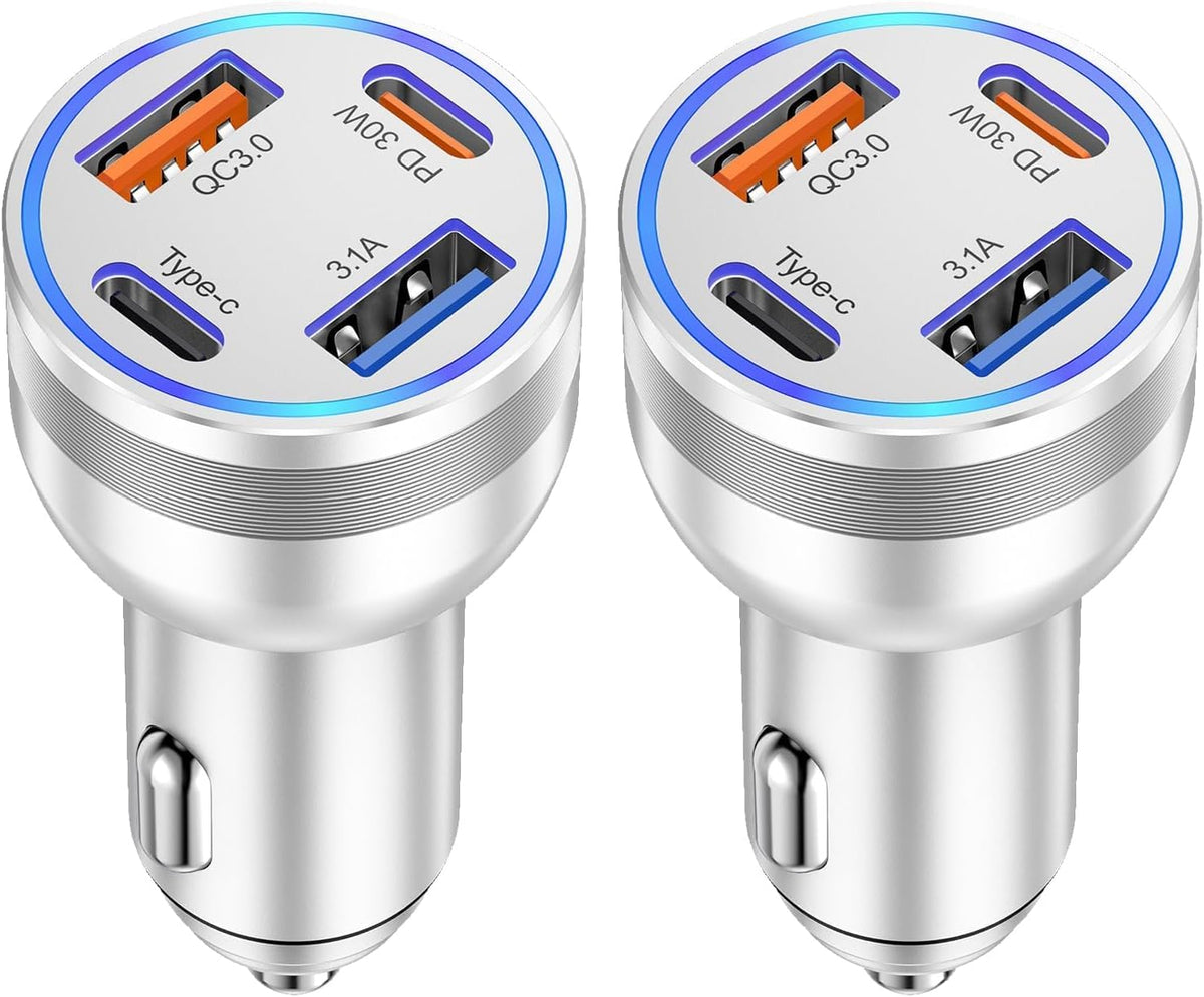 [2-Pack] Car Charger USB C, 4 in 1 65W Fast Charging 4-Port Dual USBC & USB A Car Phone Charger Cargador Carro Lighter Adapter for iPhone 16e 16 15 14 13 12 Pro Max, iPad, Samsung,Tablet, Android