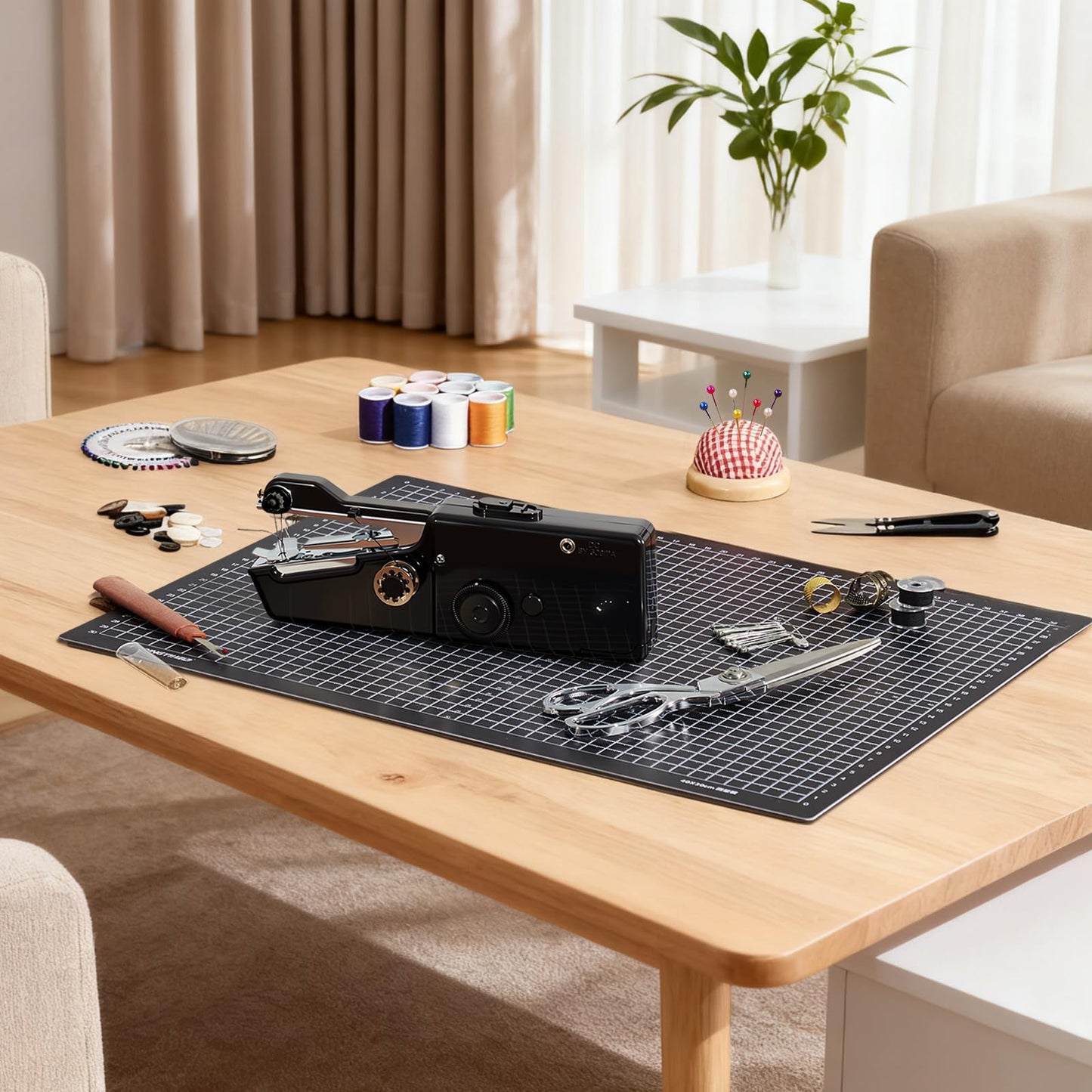 Hand Held Sewing Machine, with Red Wooden Sewing Box and 143 PCS Sewing Kit, Mini Portable Handheld Sewing Machine for Adults and Beginners, with a Power Adapter and Heavy-Duty Scissors