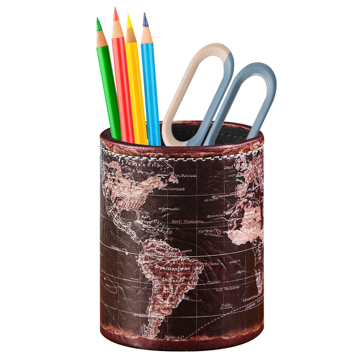 LINKWELL Black World Map Pencil Holder for Desk, PU leather Pencil Cup, Globe Pen Holder for Desk Office Supply Organizer PH46