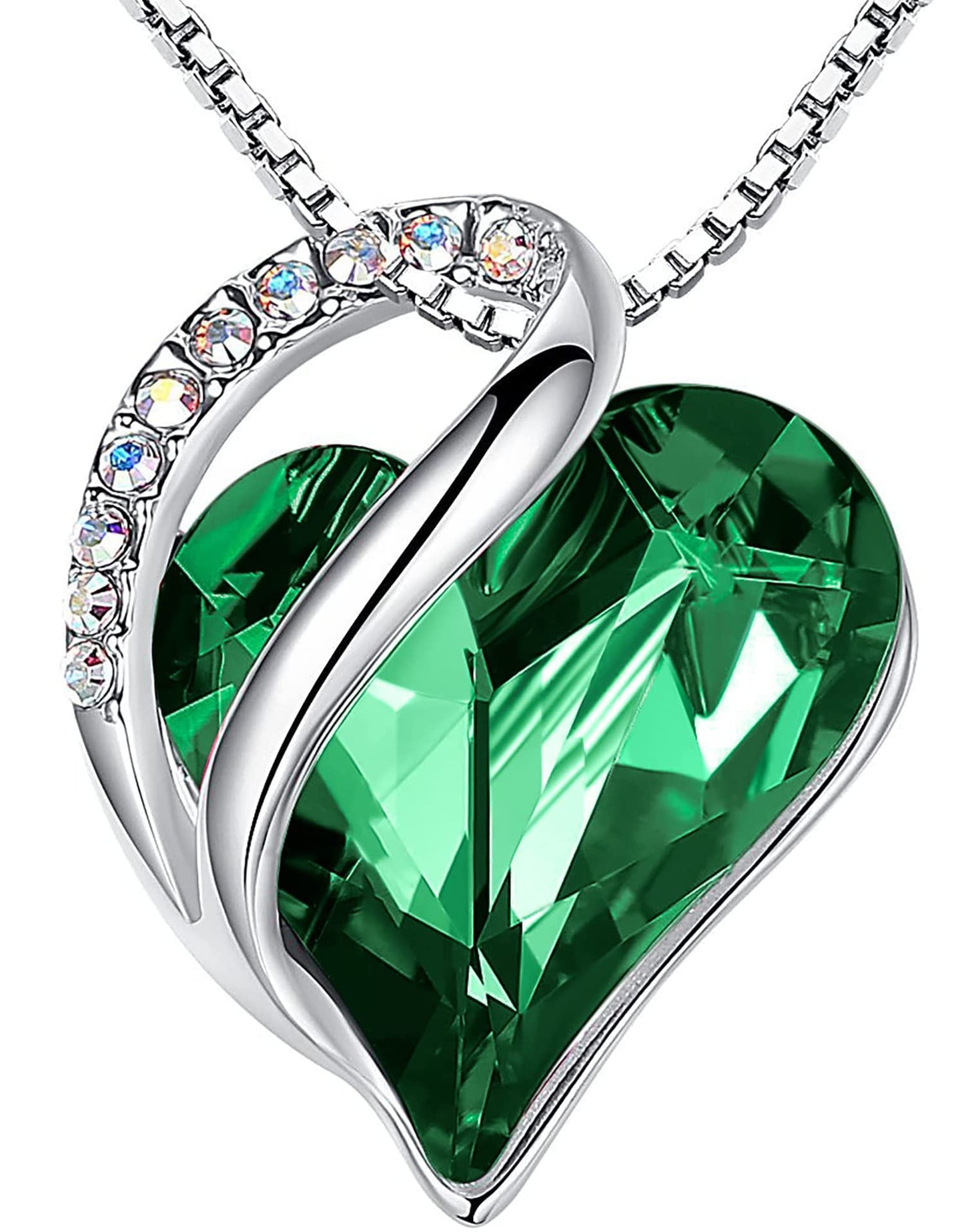 Leafael Gift Necklaces for Women, Infinity Love Birthstone Heart Pendant with Emerald Green Crystal for May, Birthday Jewelry for Her, Mom, and Wife, Silver Plated, 18 + 2 inch Chain
