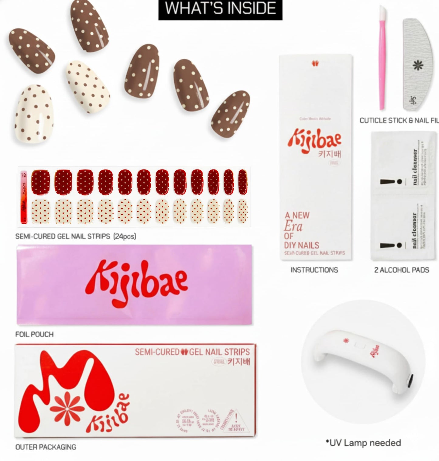Kijibae Semi Cured Gel Polish Strips | 24pc UV LED Required Wraps | Gift Peel and Stick Nails | Coquette DIY Home Manicure | Press On Alternative (Spot On)