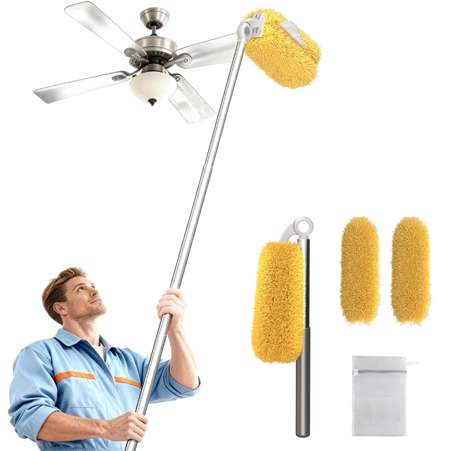 EHOMGUI Long Handle Dusters for Cleaning with 2 Replacement Heads, Washable Cleaning Duster Kit with Laundry Mesh Bag, Cobweb Duster, Extendable Dusting Tool for Home and Office