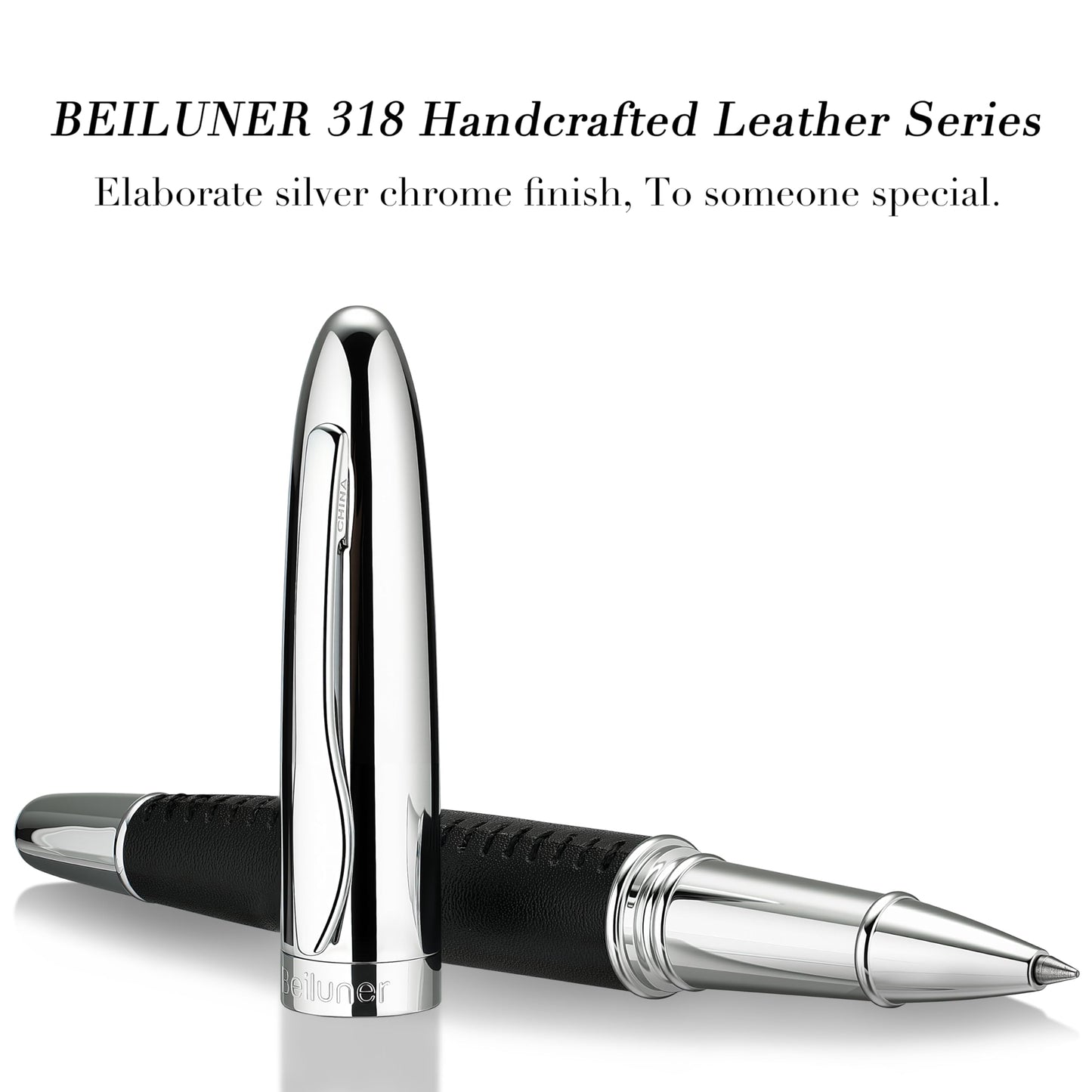 BEILUNER 318 Luxury Leather Pen, Hand-Stitched Premium Leather, Chrome-Plated Finish, Schmidt Ink Refill, Best Rollerball Pen Gift for Men & Women, Refillable, Executive Writing, Nice Pens