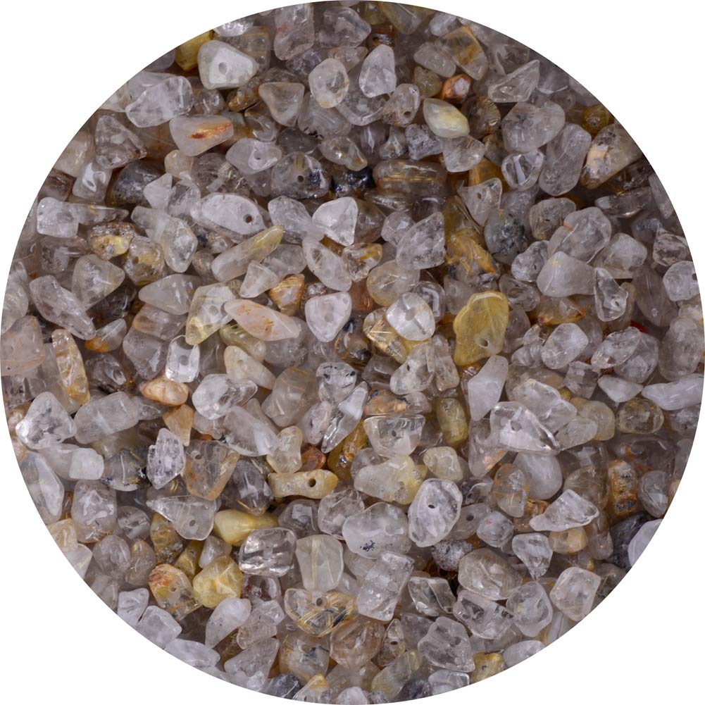 Natural Chip Stone Beads 5-8mm Rutilated Quartz About 400 Pieces Irregular Gemstones Healing Crystal Loose Rocks Bead Hole Drilled DIY for Bracelet Jewelry Making Crafting (5-8mm, Rutilated Quartz)