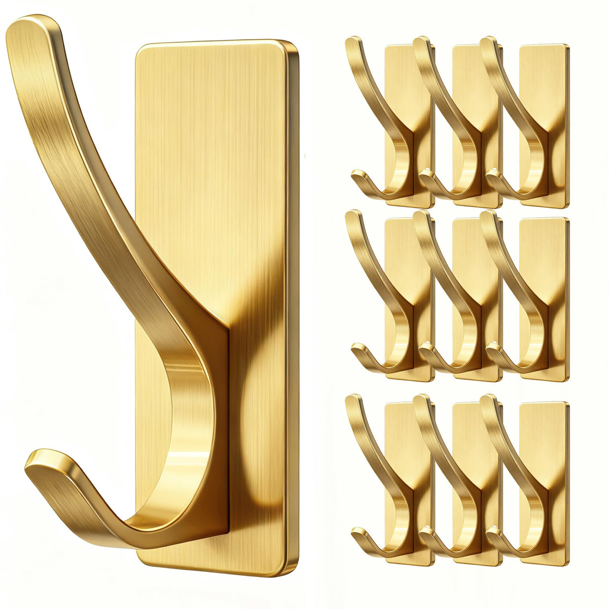 10 Pack Brushed Gold Self Adhesive Coat Hooks for Hanging (10 Count)