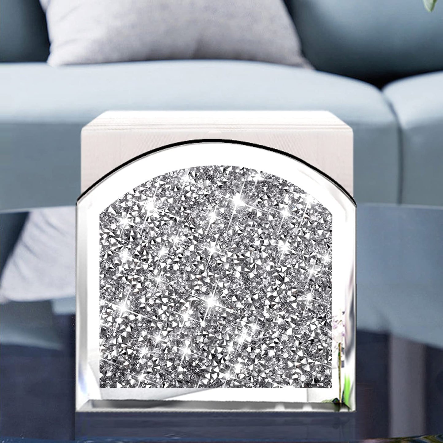 Wocred Mirror Napkin Holder,Crystal Crushed Diamond Vertical Holder,Cute Glass Mirror Napkin Holder for Counter or Table.(5.9”X5.9”X3”)