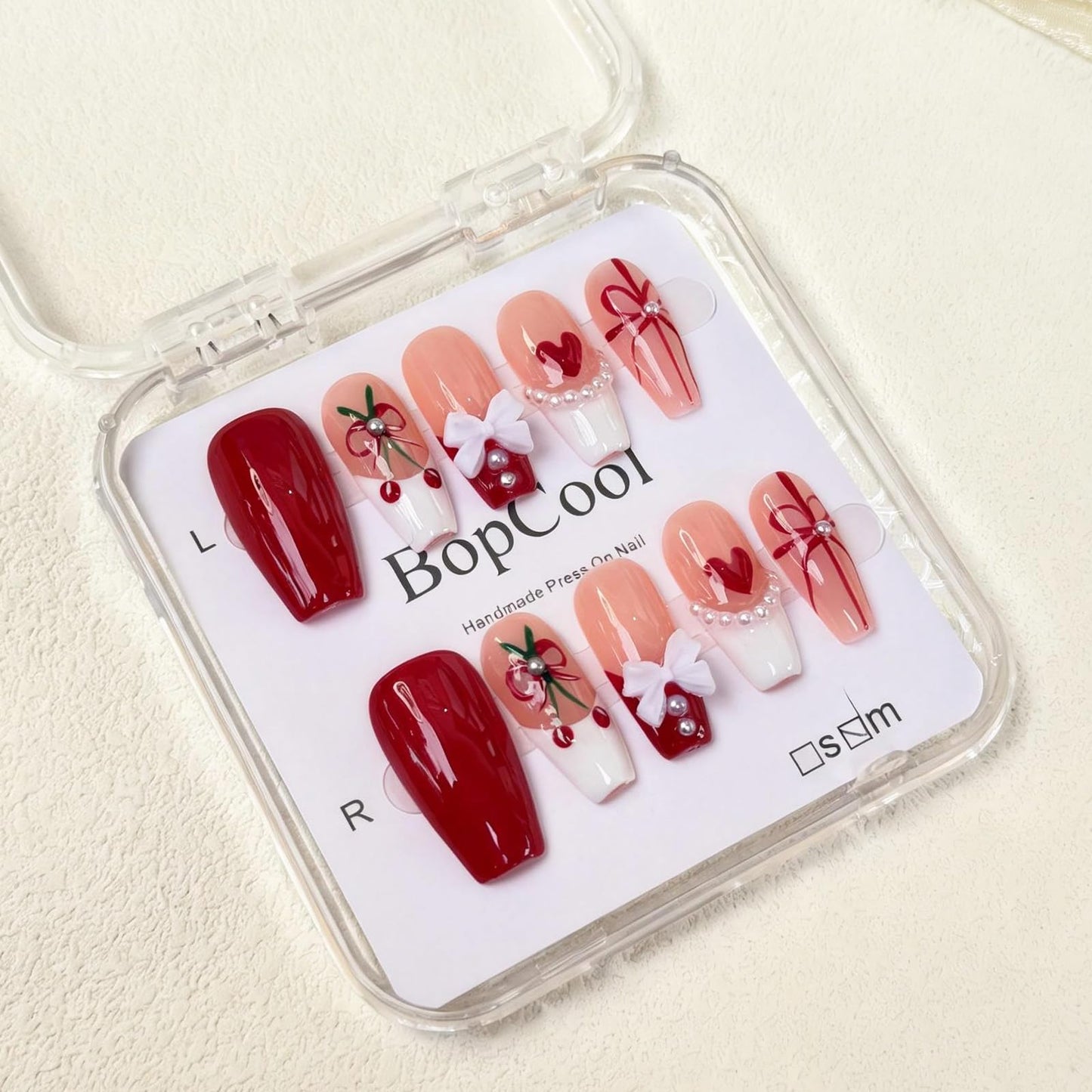 Luxury Handmade Press On Nails - Coffin 3D Bows & Cherry Pearls, French Red Reusable False Nails for Date Night & Spring Party, Salon-Grade Gel Acrylic Nail Art (M-10PCS)