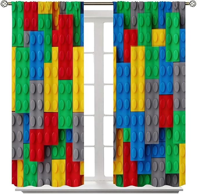 Kids Building Blocks Toy Curtains for Kids Room W84 x L84 Inch Rod Pocket Contour Plastic Colorful Toy Bricks Geometric Print Pattern Curtains for Boys Girls Bedroom 2 Panels