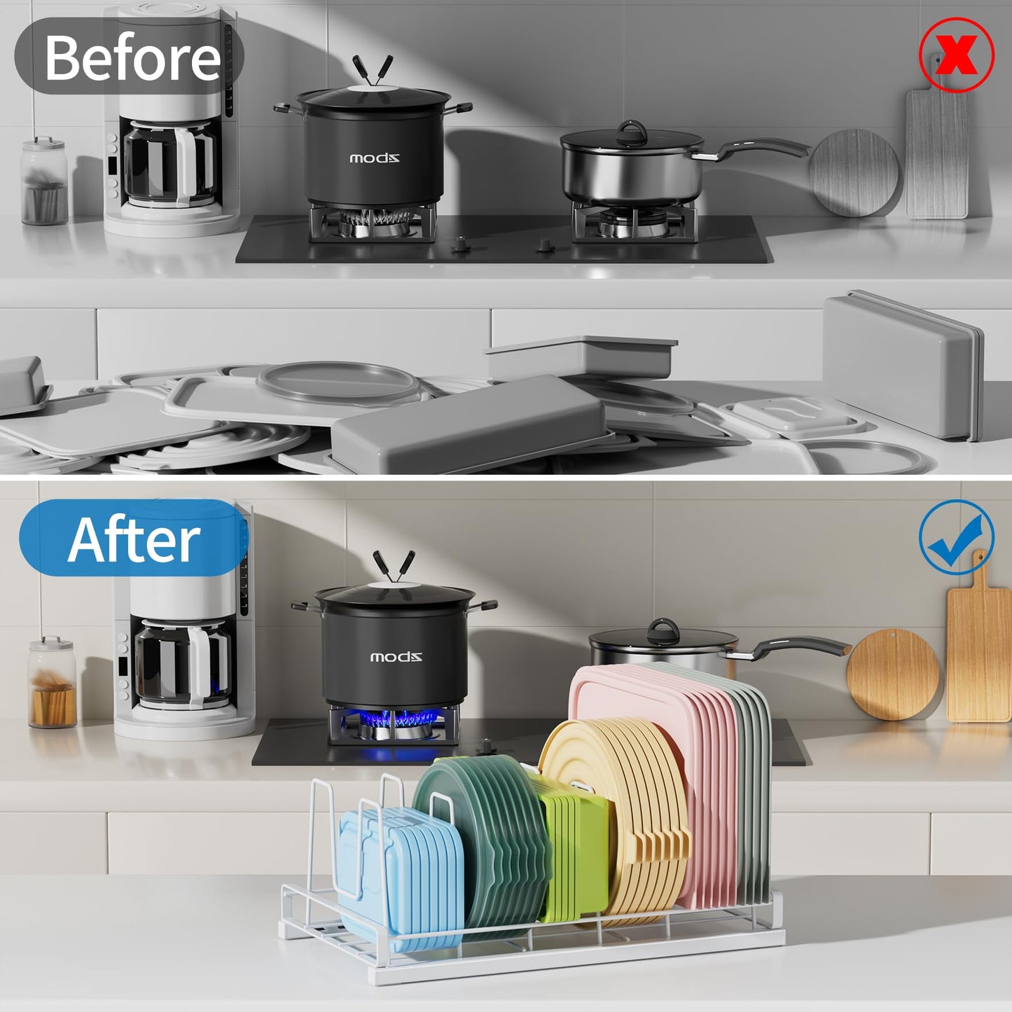 GAGUIUP Food Container Lid Organizer, Adjustable 6 Dividers Full-Metal Pot and Pan Organizer Rack for Kitchen Cabinets, Drawers, Cupboards, Pantry Shelves Storage, White