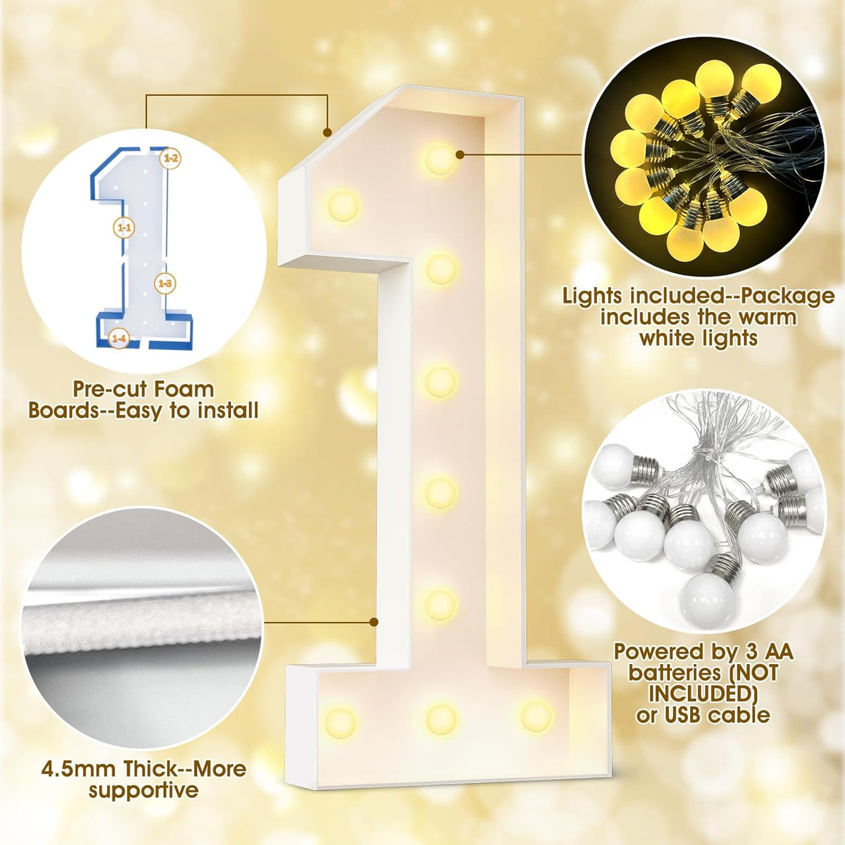 Ledido 4FT Marquee Light Up Numbers Large Light Up Letters for Party Decoration, Marquee Numbers for 5th 15th Birthday Anniversary, Pre-cut Foam Board Assembly Required Number 5