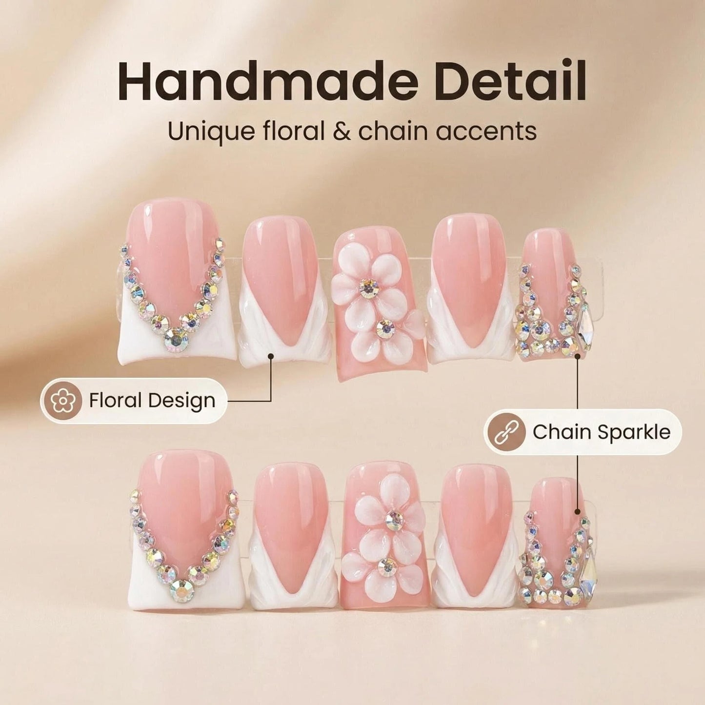 10pcs Handmade Press on Nails Whhite French Tip Fake Nails Duck Medium False Nails with 3D Flower Rhinestones Designs Summer Pink luxury Charm Acrylic Nails for Women (Size M）