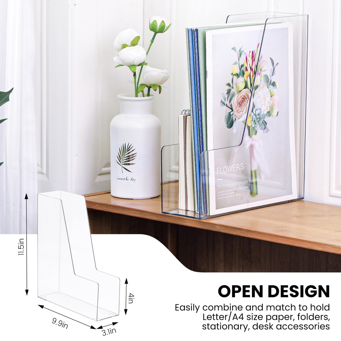 Vertical Magazine File Holder, Clear File Organizer Desk Organizer and Storage Bins Holding for Magazines, Binders, Notebooks, Envelopes, Plastic Office Organization and Storage for Desk, 4 pack