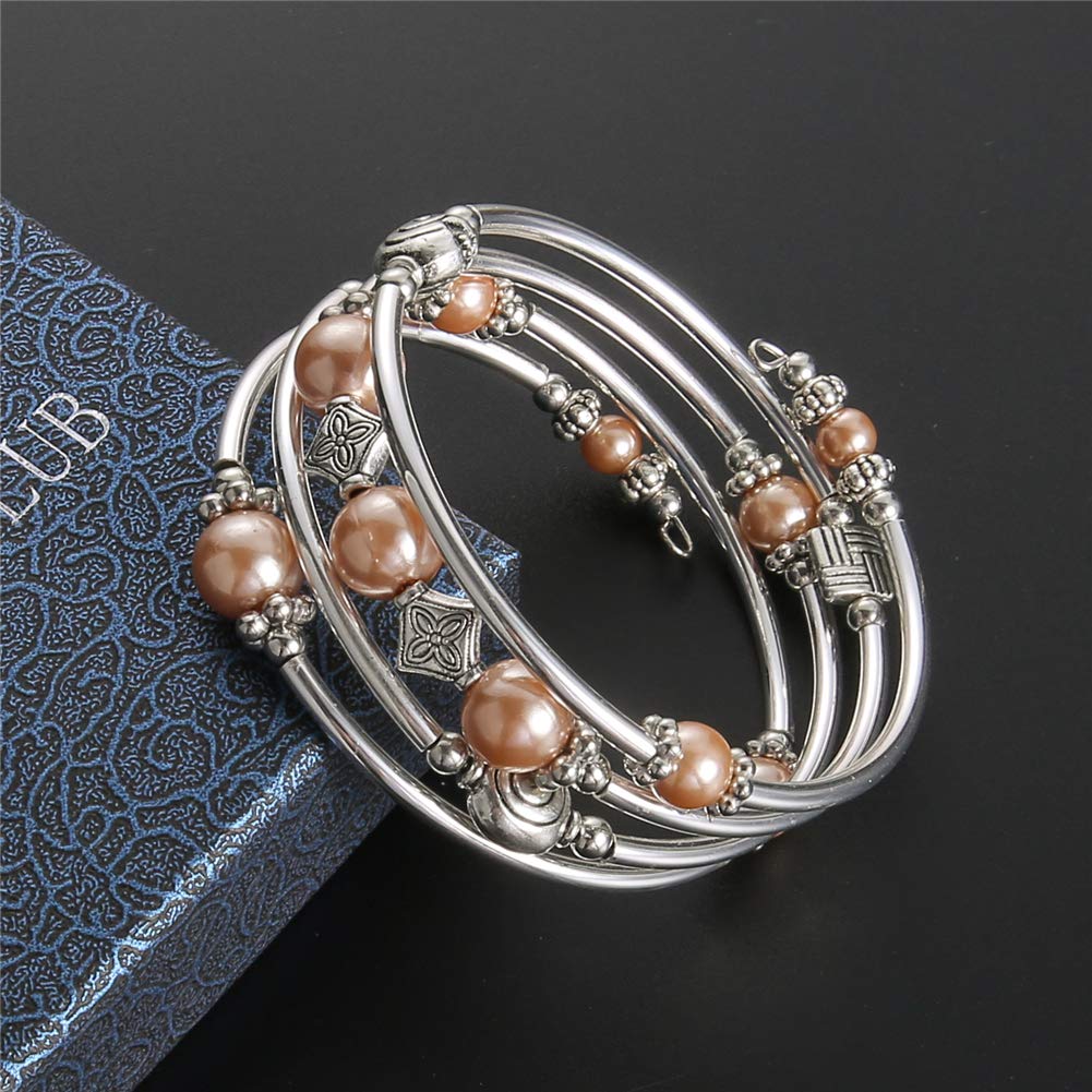 Beaded Pearl Bangle Wrap Bracelet - Fashion Bohemian Jewelry Multilayer Charm Bracelet with Thick Silver Metal Beads, Gift For Women(Champagne)