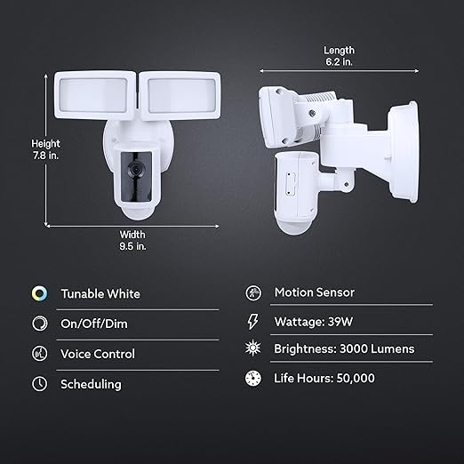Feit Electric SEC3000/CAM/WIFI Outdoor LED Smart Security Camera with Motion Sensor, 2-Way Audio, 39-Watt Floodlight, Works with Alexa and Google Asst, Alarm, Hardwired, 128 GB Micro SD Card Storage