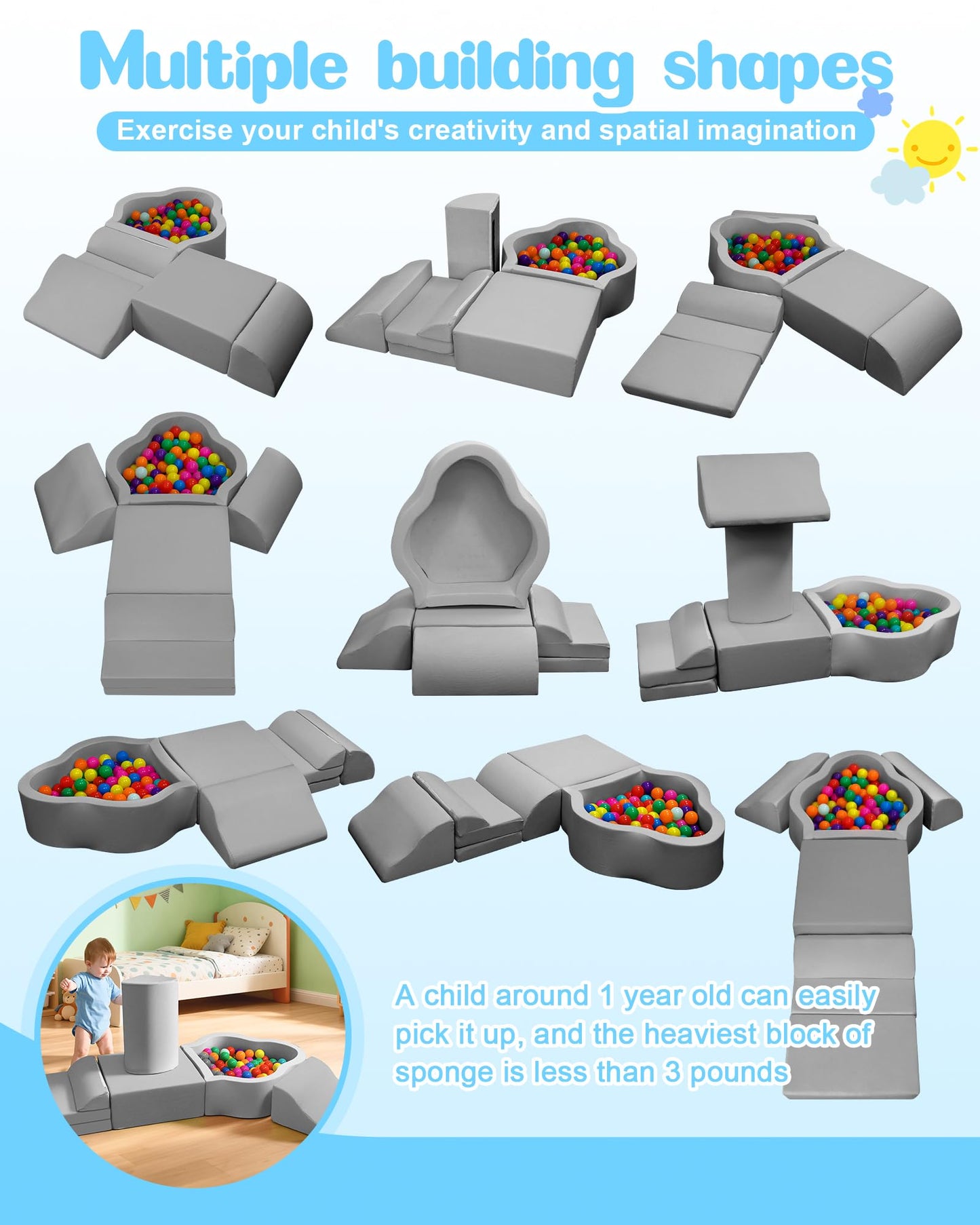 Markdang Soft Play Set, Baby Foam Climbing Blocks with Anti-Slip Particles Bottom & Velcro Connectors for Toddlers 6-12 Months, High-Density Foam & Washable Cover for Motor Skills Development (Grey)