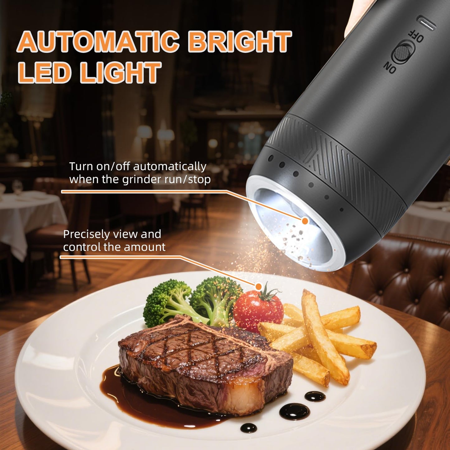 Gravity Electric Salt and Pepper Grinder Set Rechargeable, External Adjustable Coarseness, Automatic Salt and Pepper Shakers Mill with LED Light, 6oz/176ml Large Capacity, House Warming Gifts (2 Pack)