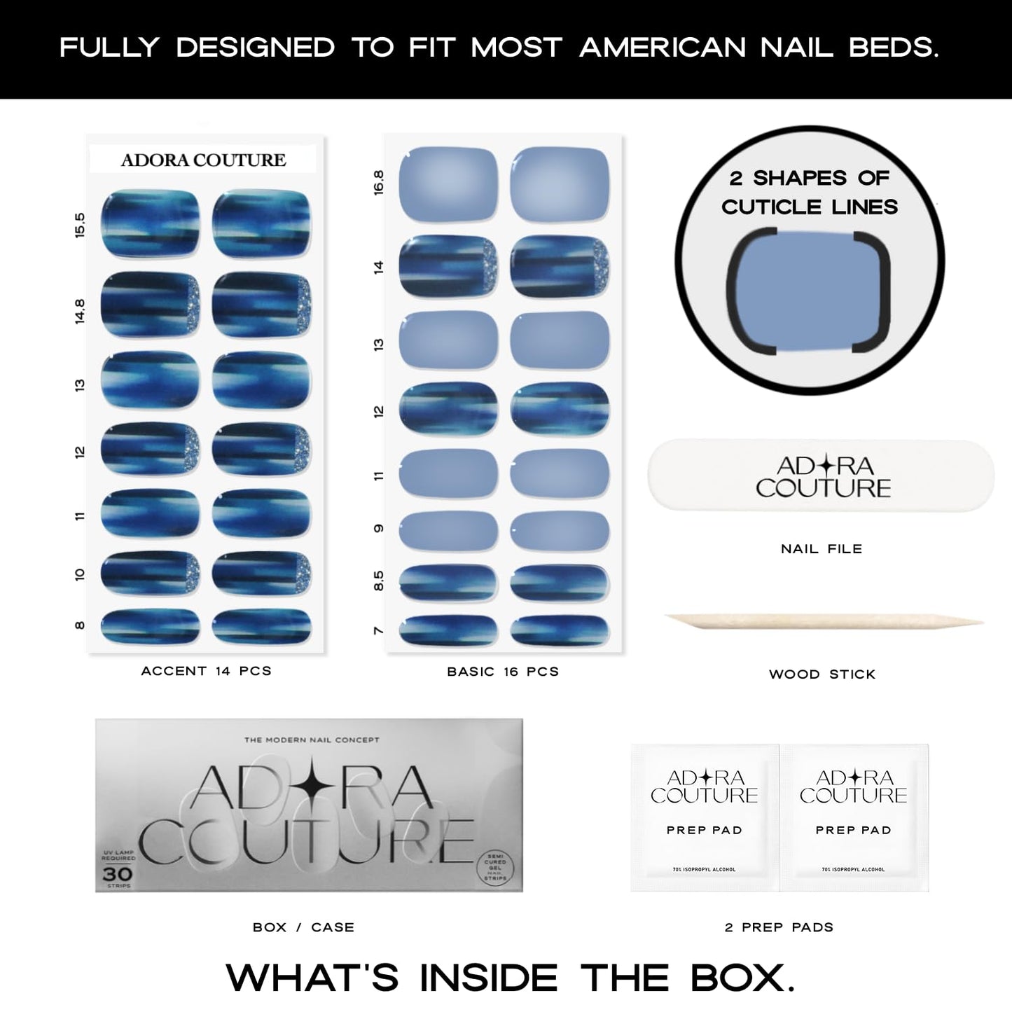Adora Couture Semi-Cured Gel Nail Strips - 30 Salon-Quality Stickers with UV Light Required, Long Lasting, Easy Application & Removal, Includes Prep Pads, Nail File, Wooden Stick (Blue England)