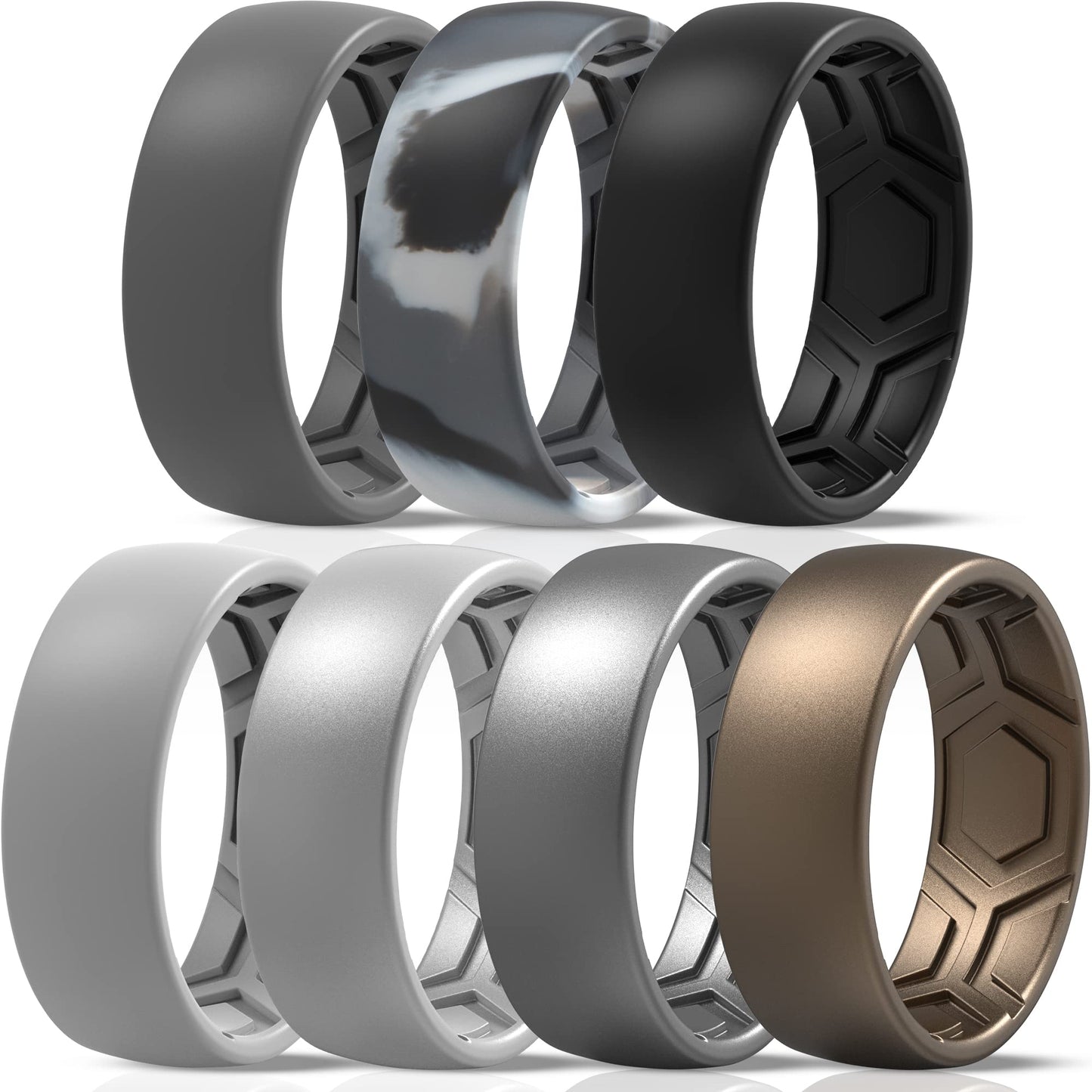 ThunderFit Men's Patterned Silicone Rings, 8mm Wide 2.2mm Thick Rubber Bands,Variety Multipack 1,4,7