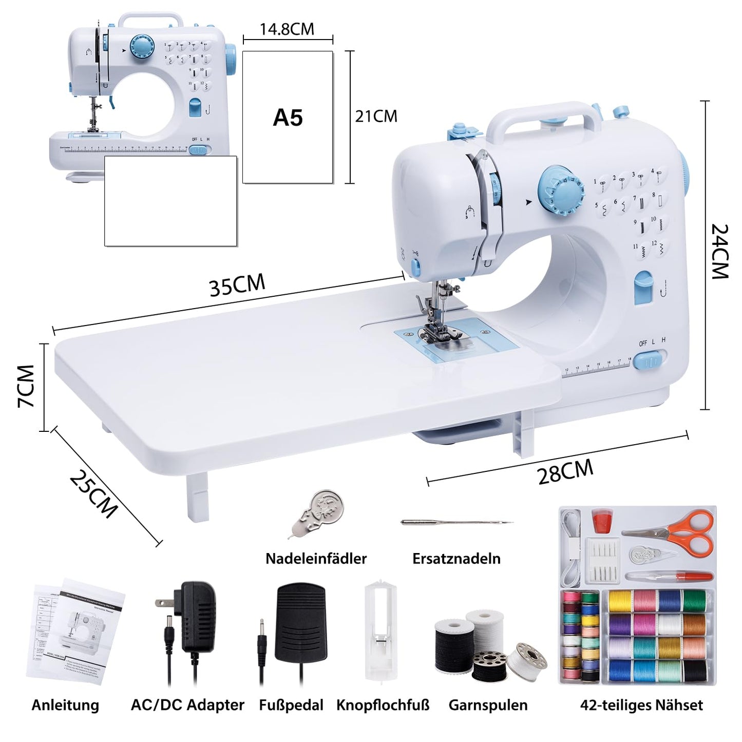 Sewing Machine for Beginners with Extension Table Mini Sewing Machines Kit Supplies 12 Built-in Stitches with Needles Assorted Thread Kit Starter Kit Easiest for Adult and Kids Ages 8-12 Easy Sewing