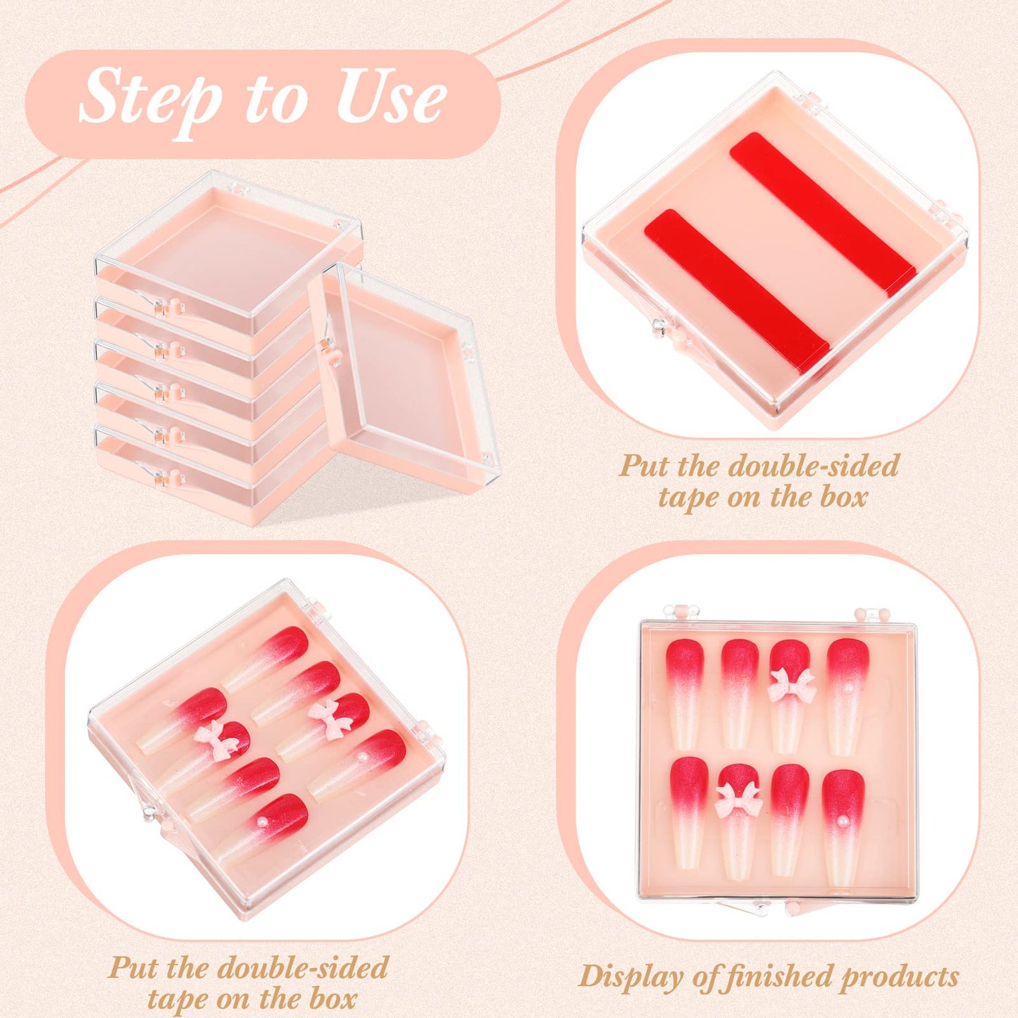 Landhoow 15 Pcs Press on Nail Storage Box with Adhesive Double Sided Tape Acrylic Artificial False Nail Packaging Display Case Organizer for Home Business Salon Supplies (Pink)