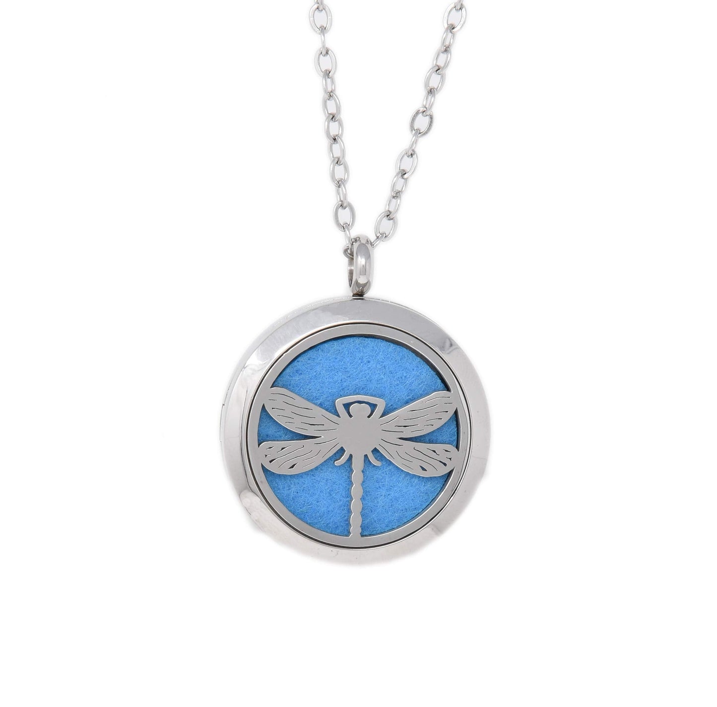 Aromatherapy Essential Oil Diffuser Stainless Steel Silver 30 MM Magnetic Locket Pendant 2 Sizes Chain Necklace, Refill Pads & Diffuser Bracelet in a Velvet Bag (Dragonfly)