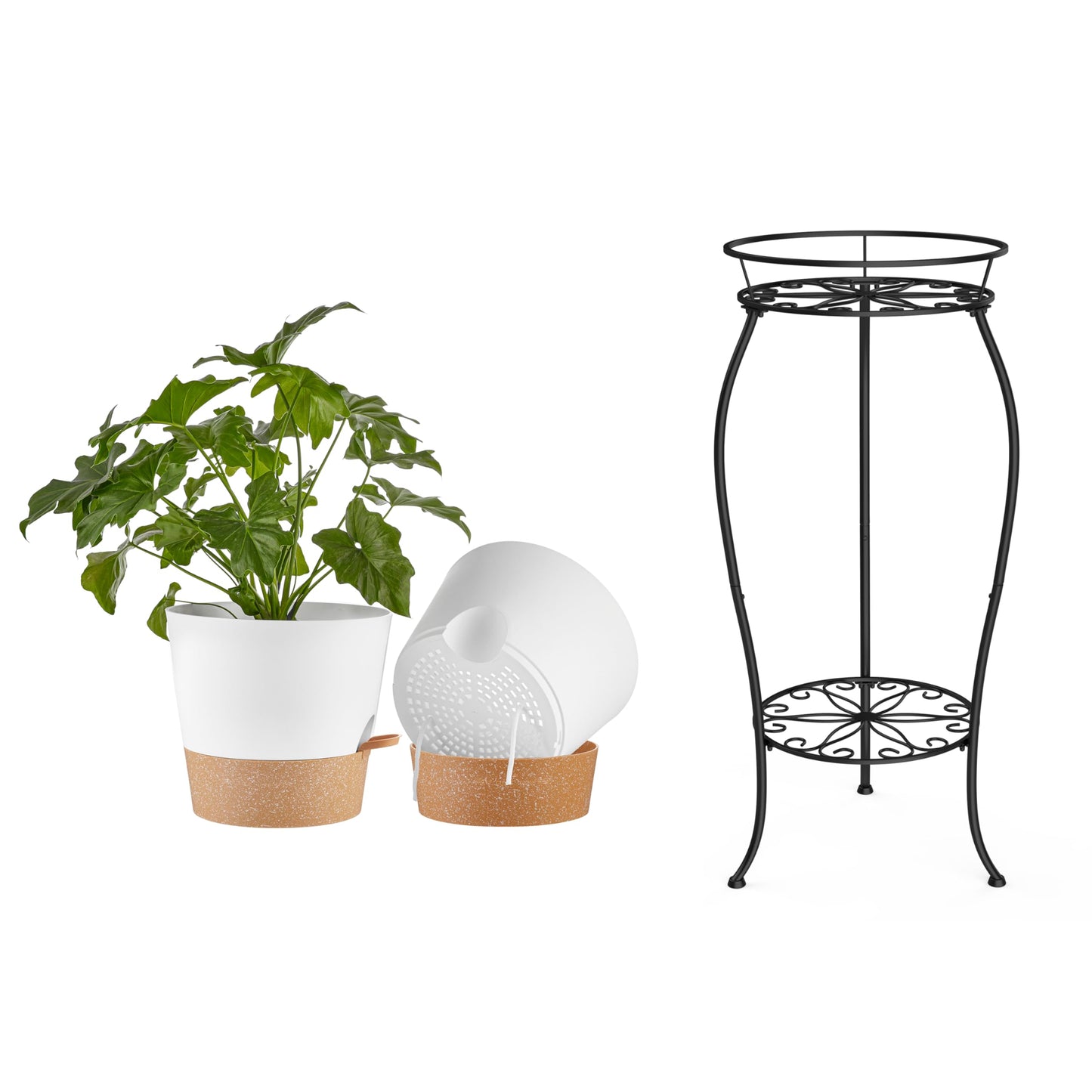 FaithLand 2 Tier Plant Stand and 2-Pack 10 Inch Self Watering Pots Bundle