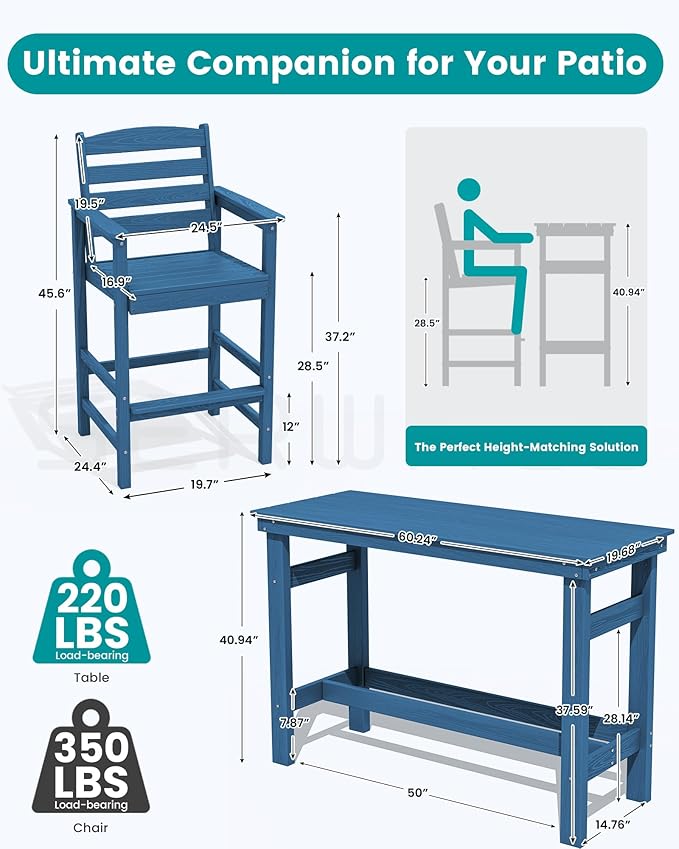 SERWALL Outdoor Bar Set with 9ft Umbrella, All-Weather HDPE Patio Bar Chairs and Table, Outdoor Furniture Set for Poolside, Backyard, Garden - Blue