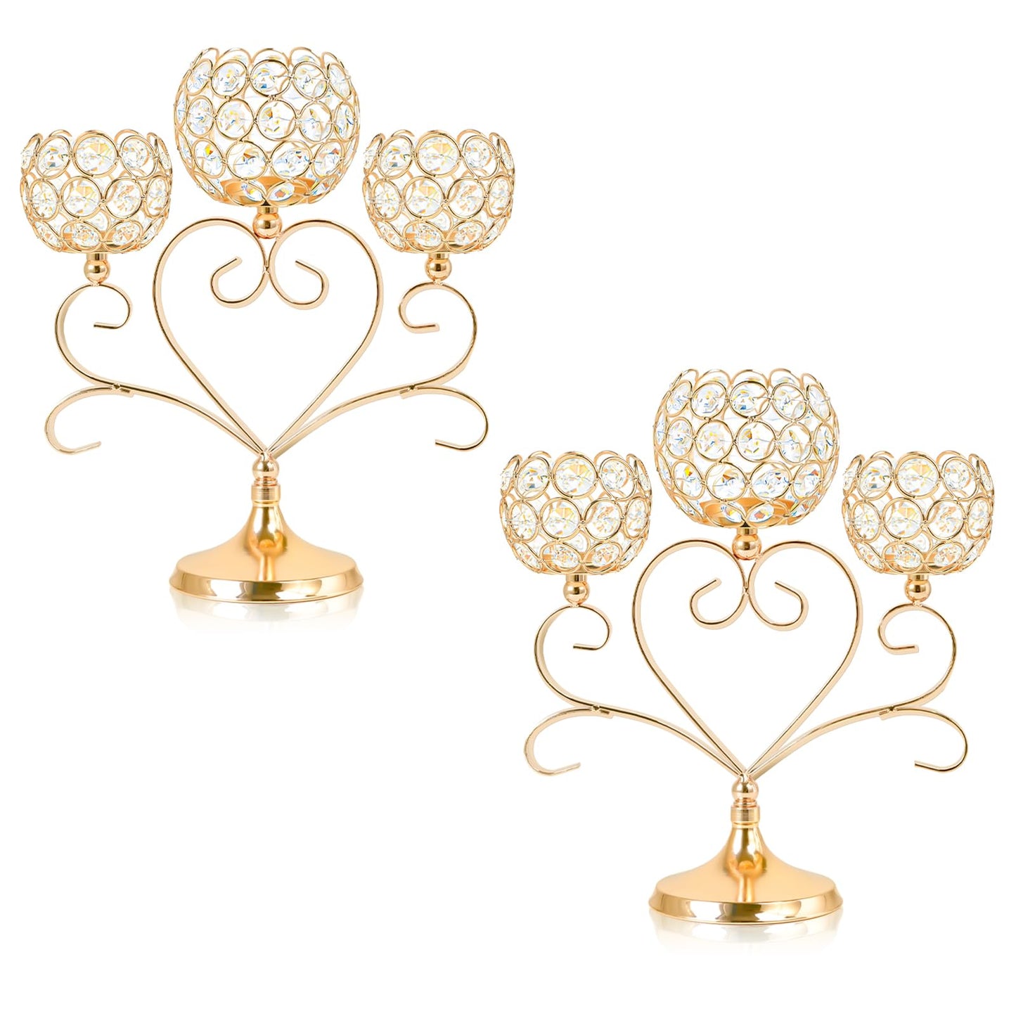 Kehail 2 Pcs 3-Arm Heart Tea Light Candle Holder - Crystal & Metal Wedding Centerpiece Decor, Sparkling Table Decor for Anniversaries/Romantic Tabletop Home/Dinner Party/Events (2, Gold)