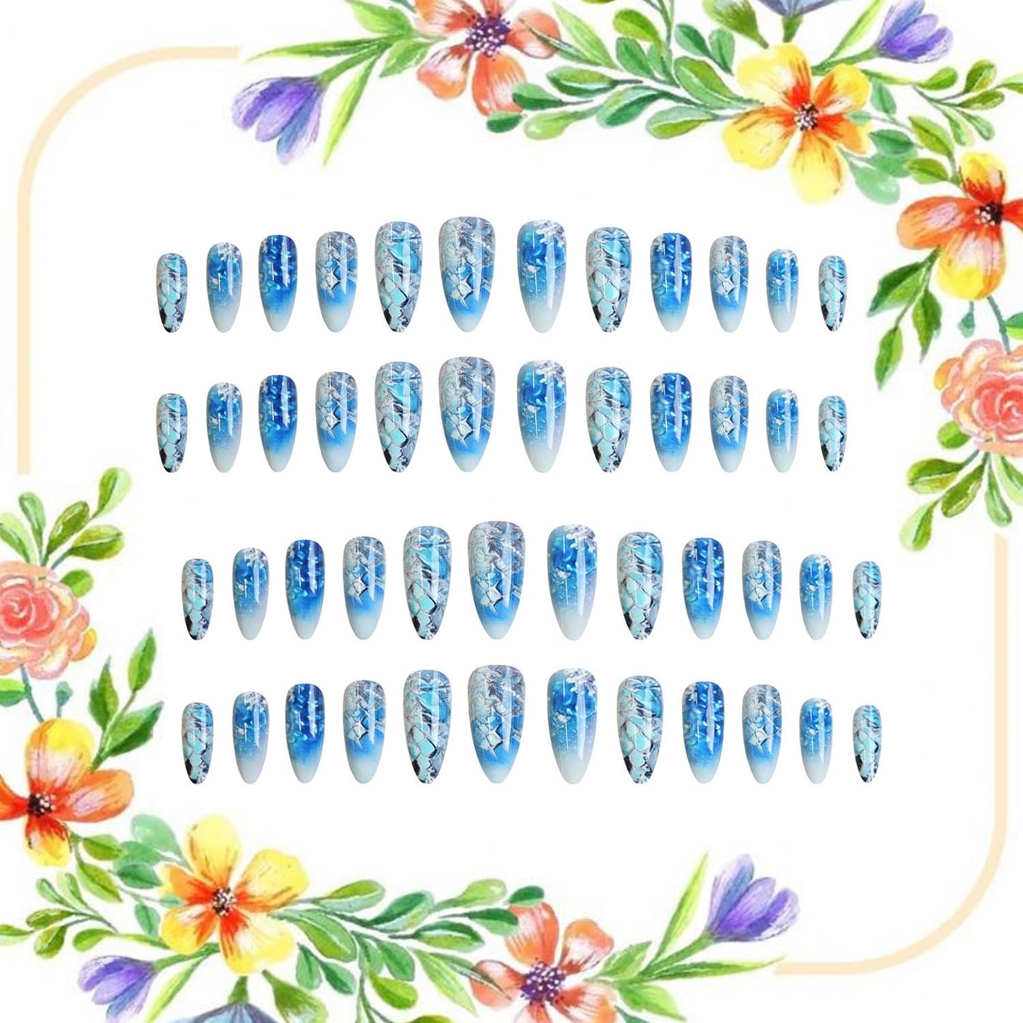 CJDLTS Almond press on Nails Medium Length White Blue Gradient False Nail Dragon Scale Pattern Design Full Cover Artificial Acrylic Nail Press Ons Reusable Stick on Nails for Women 24Pcs