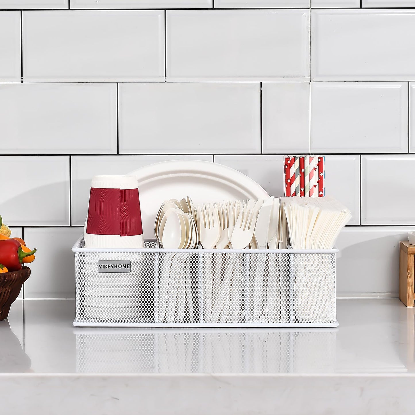 VIKEYHOME Paper Plate Organizer, Metal Silverware Caddy with 6 Compartments for Knives, Spoons, Cups, Forks, Napkins, Utensil Holder for Party, Camping, Picnic, White