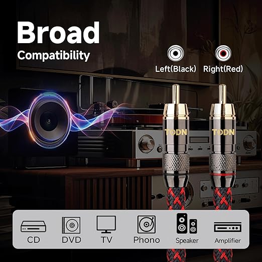 TODN Audiophile RCA to RCA Audio Cable with 4-Core-OFC Shielded RCA Stereo Cables for HiFi Home Theater (1.64ft/0.5m, 1 Pair)