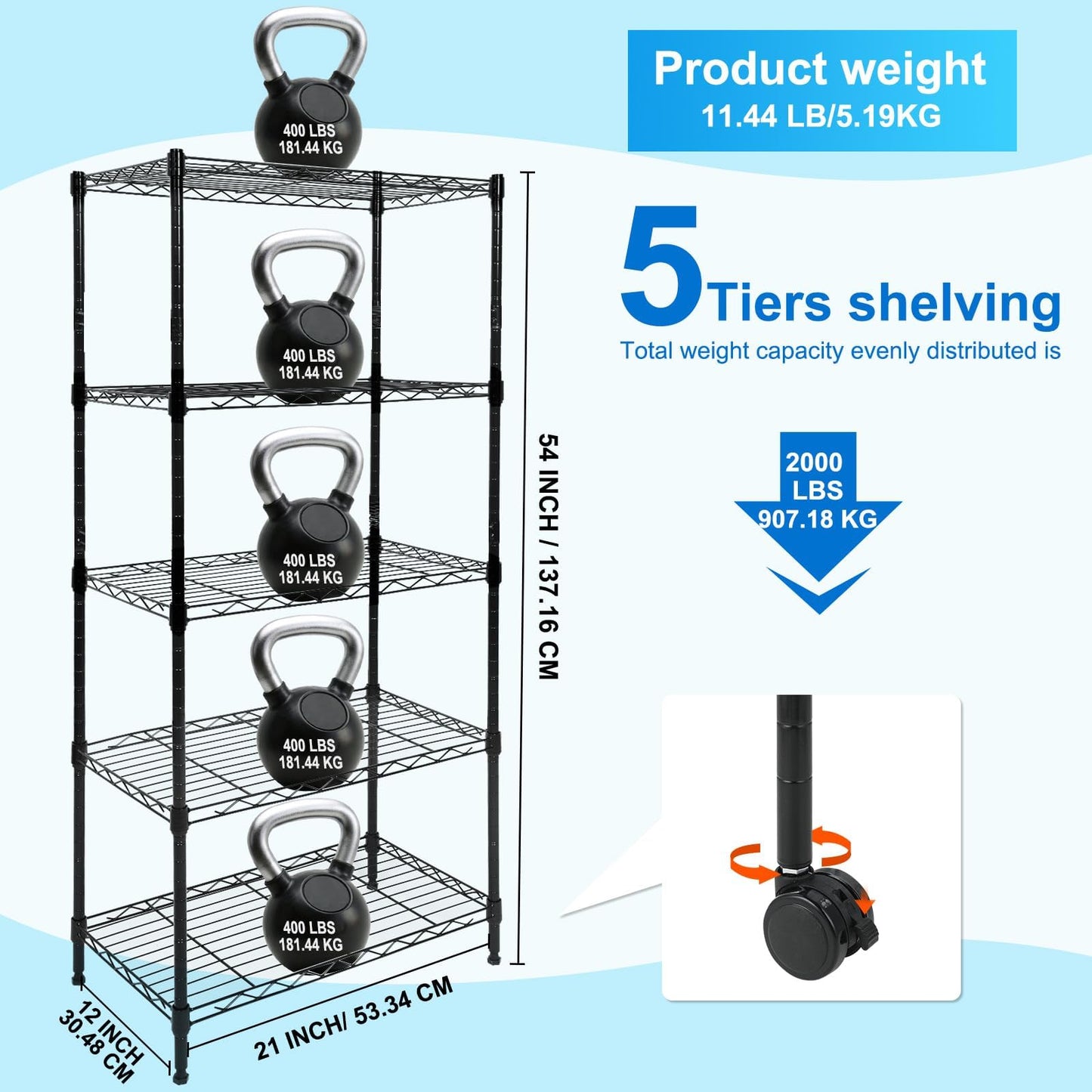 Whitmor 5 Tier Shelving Unit, Adjustable Storage Shelves with Wheels, Wire Shelving, 400 lbs Capacity per Shelf, Max 2000 lbs Total for Laundry, Garage, Plant, 21" L x 12" W x 54" H, Black