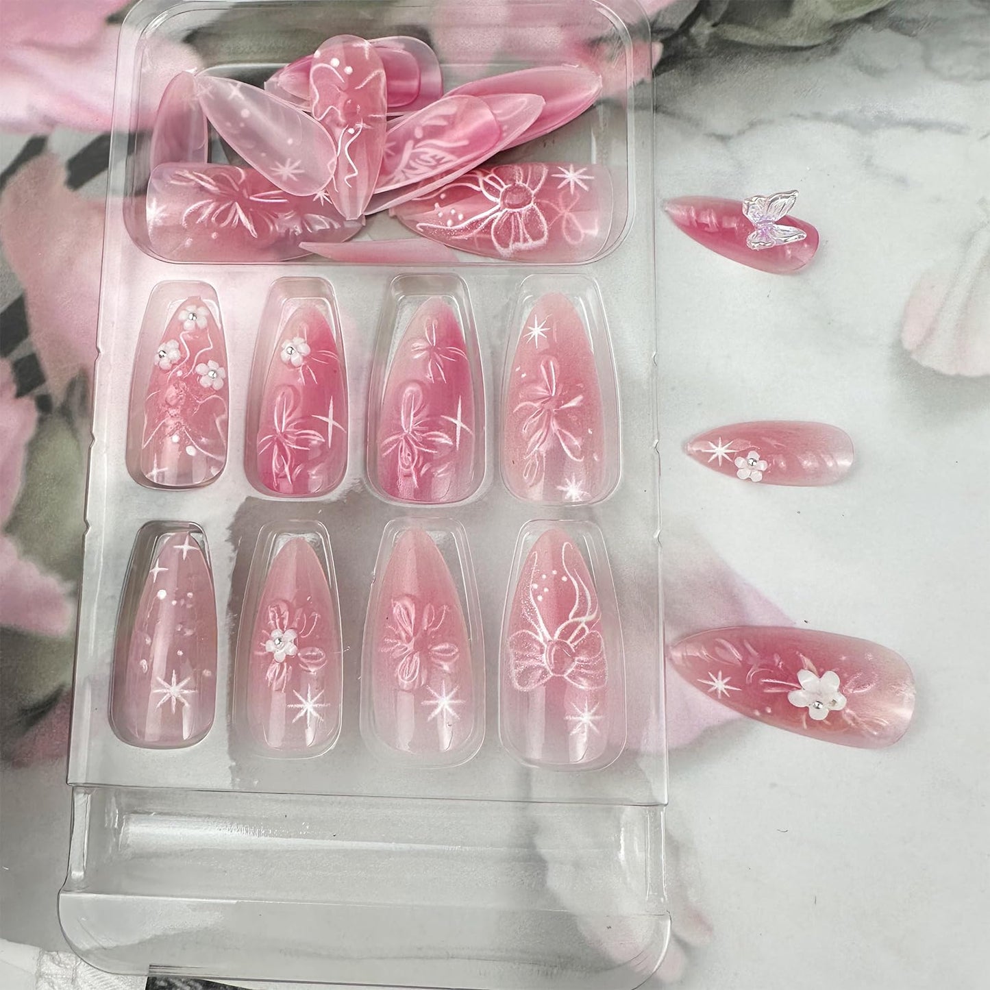 Mkwntg 24Pcs Pink Flower Press on Nails Medium Almond Fake Nails with 3D White Flower Bow Rhinestones Design Spring Summer Floral Acrylic False Nails Ombre Full Cover Stick on Nails for Women Decor