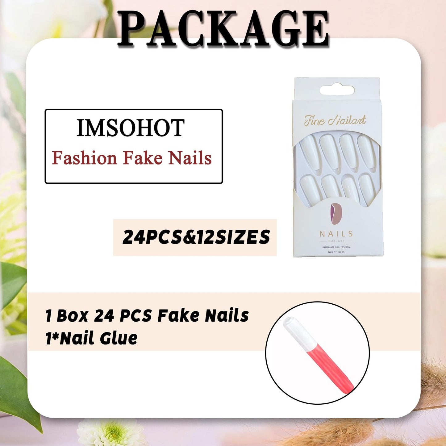 IMSOHOT White Press on Nails Long Coffin Fake Nails Full Cover Glossy Glue on Nails Ballerina Acrylic Nail Supplies Solid Color Artificial False Nails