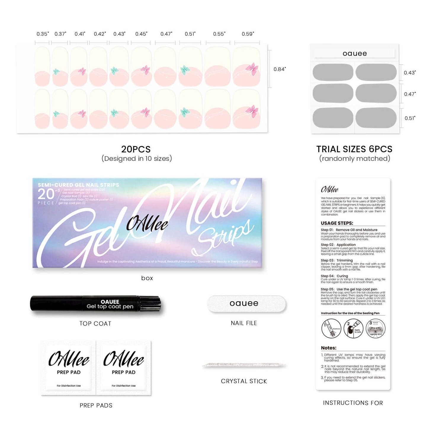 Oauee Semi Cured Gel Nail Strips | Built-In Gel Top Coat | UV Light Required | Salon Quality, Easy Application And Removal (Fairy Butterflies French)
