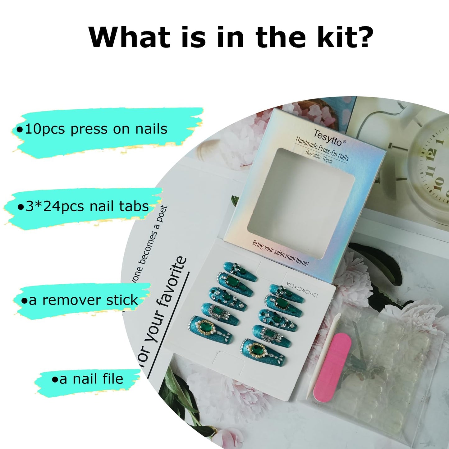 Tesytto Handmade Emerald Green Press on Nails with 3D Luxury Crystals - Long Coffin Fake Nails for Wedding Prom, Reusable Salon Quality Stick on Nails(Emerald Green Sparkle,M)