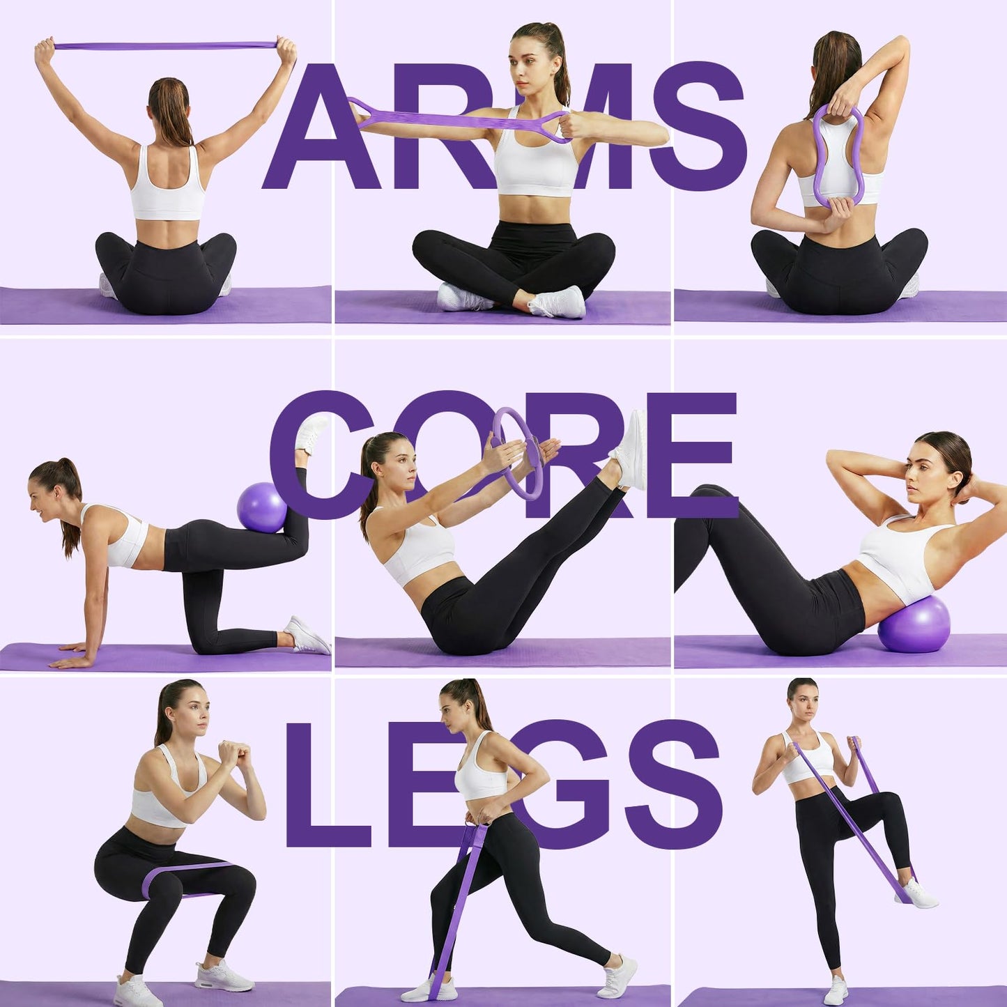 ElaraFit Home Pilates Ring and Ball Set for Women with 5 Resistance Bands 13 inch Magic Circle Workout Starter Kit for Beginners Full Body Toning 15 Min Daily Routine,Purple Mix