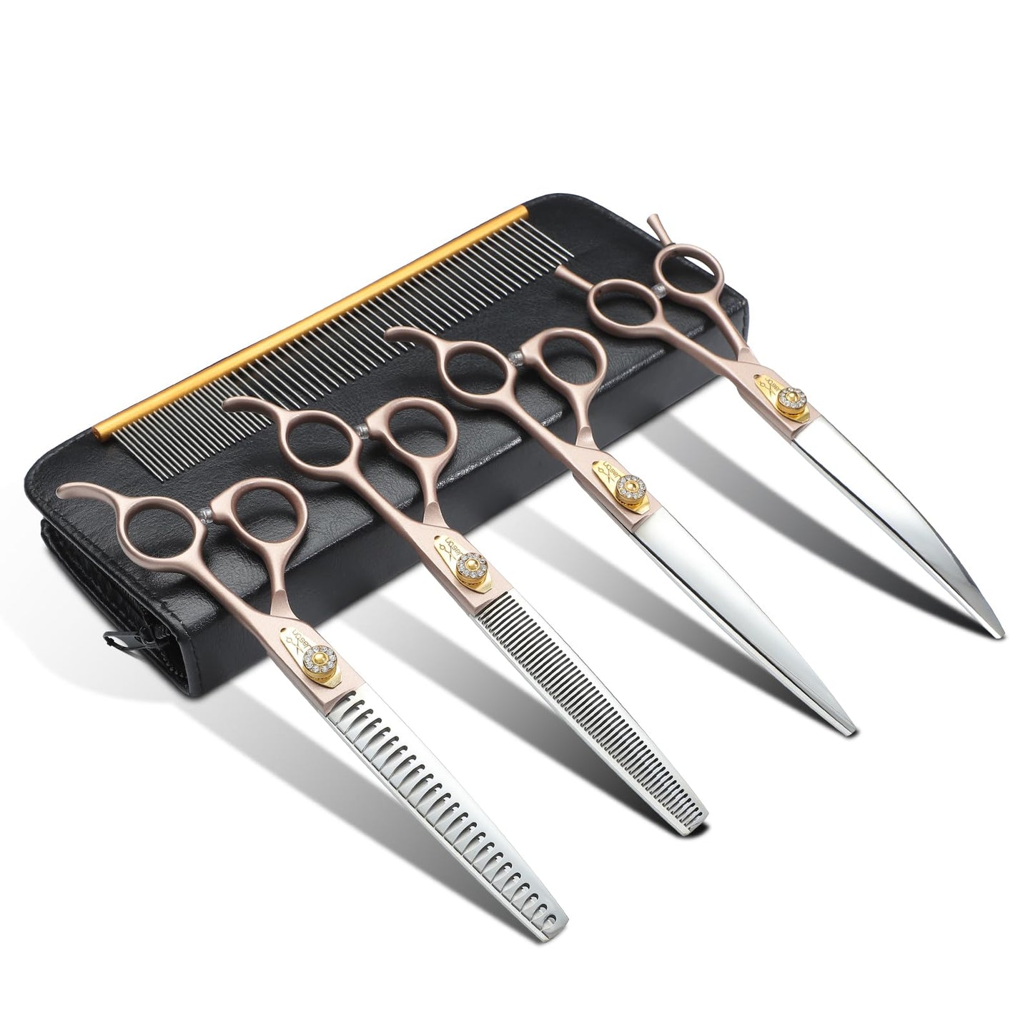JASON Professional 6 in 1 Dog Scissors Kit - 7.5" Thinning, Chunker, Straight, Curved Shears and Comb for Cat, Rosegold