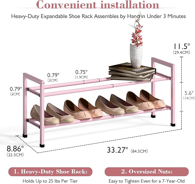 Bumusty 2-Tier Expandable Shoe Rack for Closet, 18“-33” Adjustable Shoe Rack for Small Space, Small Shoe Organizer for Front Door, Sturdy Metal, Pink